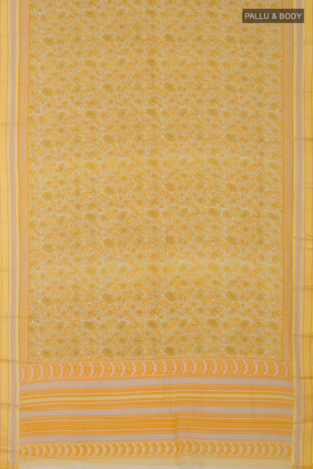 Flat view of Yellow Tussar Silk Saree with Fancy on the body and Thread Border. 