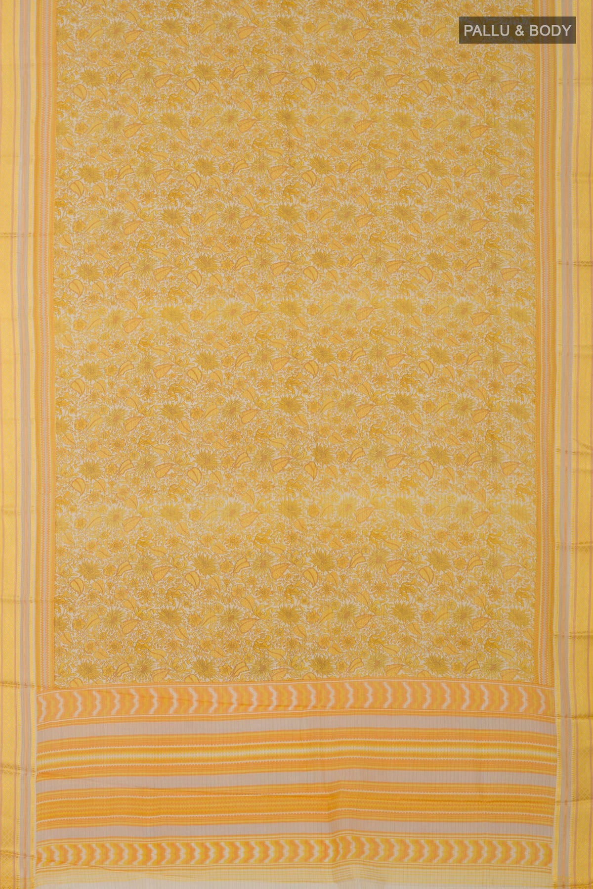 Flat view of Yellow Tussar Silk Saree with Fancy on the body and Thread Border. 