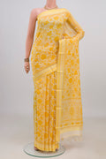 Yellow Tussar Saree with Floral Print on the body and Thread Border.  displayed on a mannequin