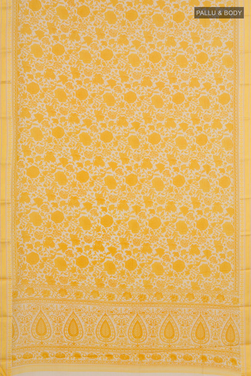 Flat view of Yellow Tussar Saree with Floral Print on the body and Thread Border. 