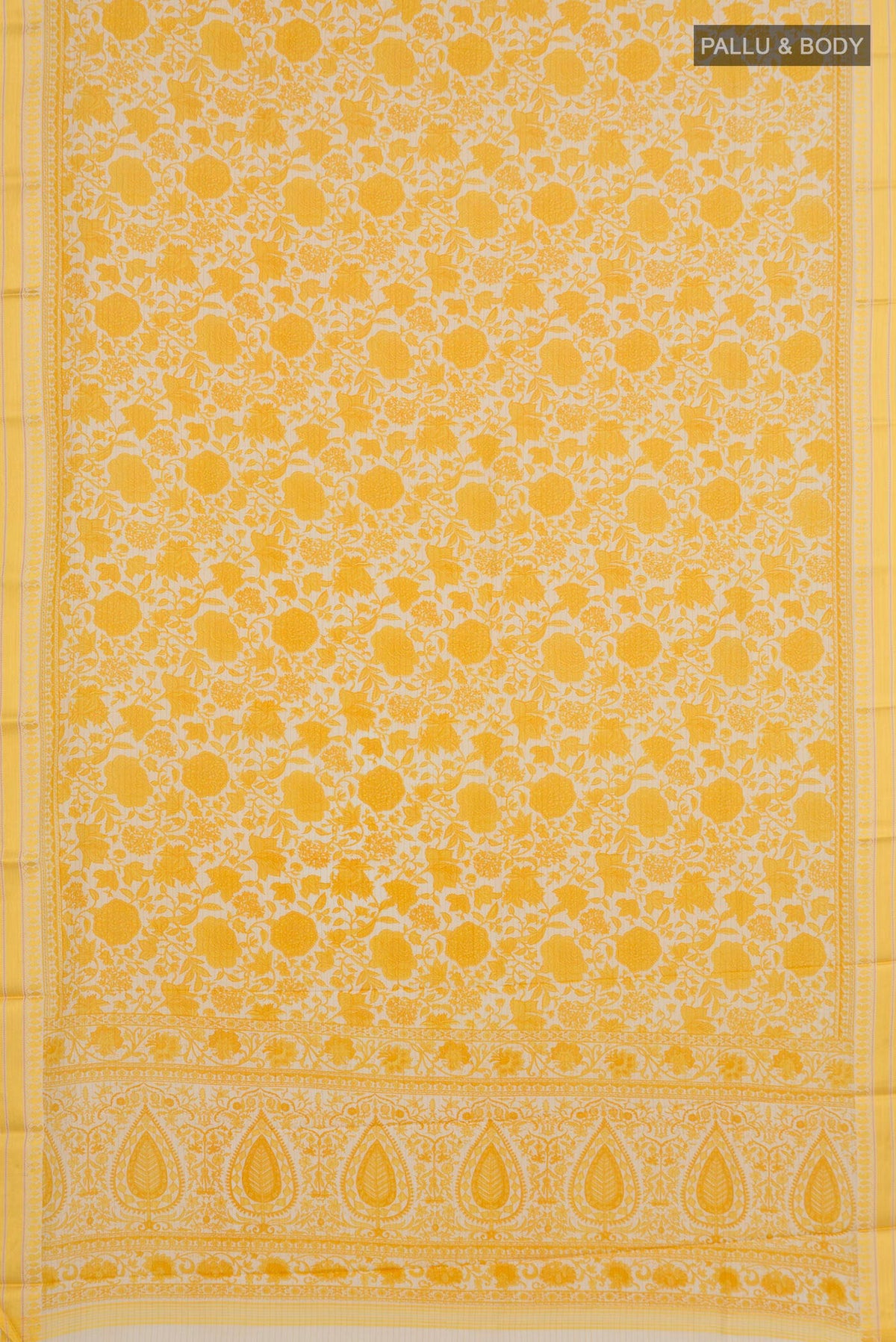 Flat view of Yellow Tussar Saree with Floral Print on the body and Thread Border. 