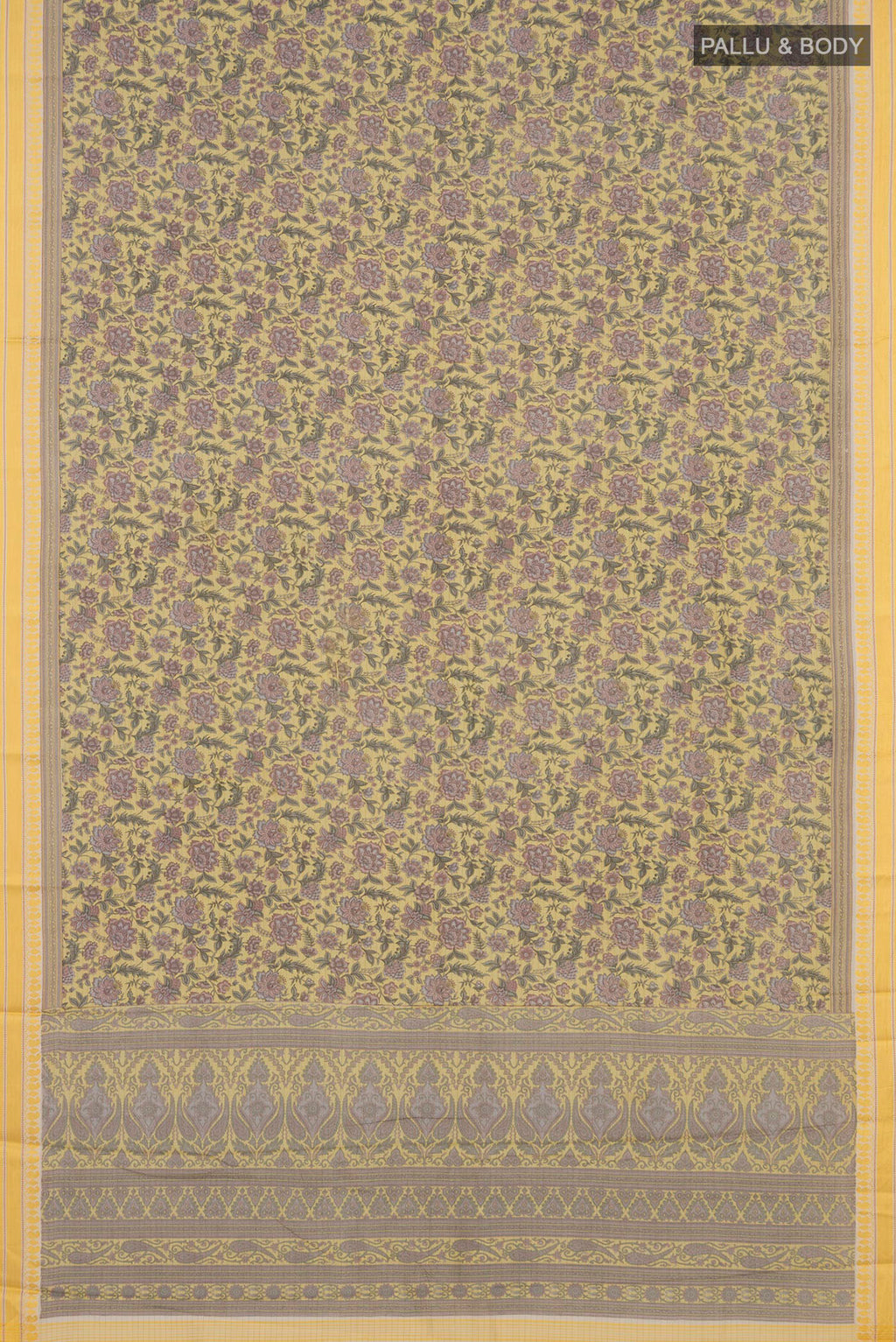Flat view of Pure Silk Yellow Tussar Saree with Floral Print on the body and Thread Border. 