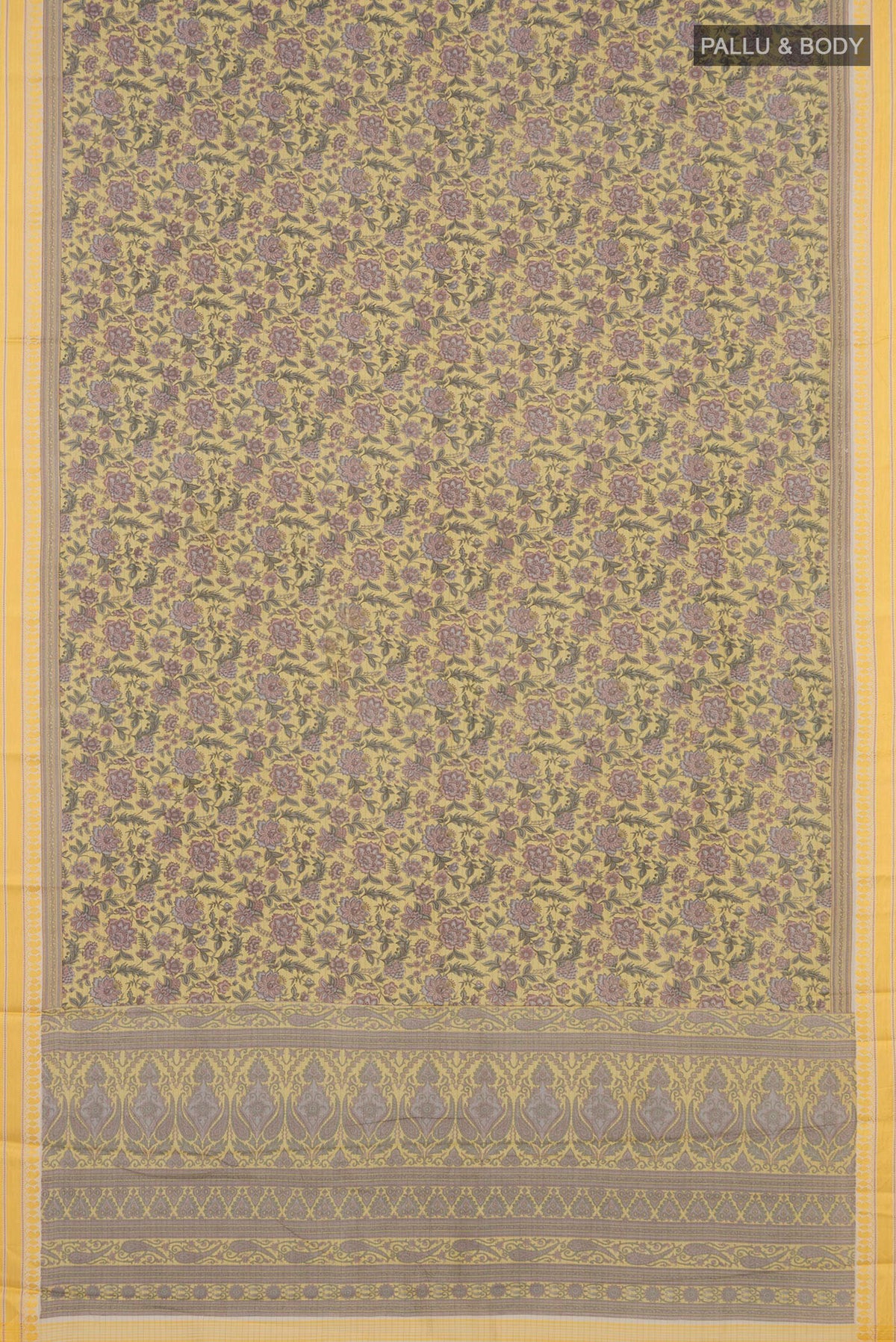 Flat view of Pure Silk Yellow Tussar Saree with Floral Print on the body and Thread Border. 