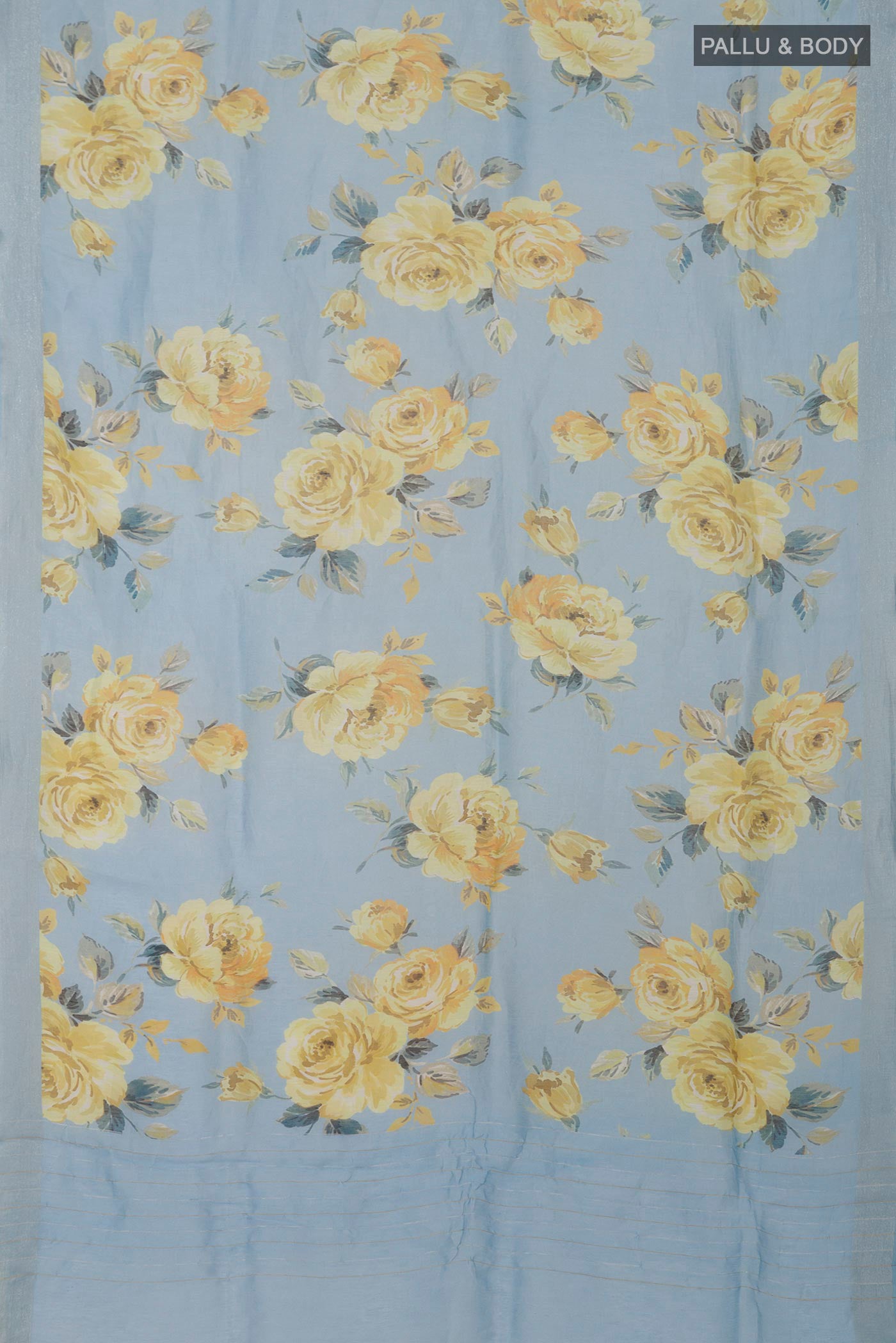 Flat view of Sky Blue Linen Cotton Saree with Floral Print on the body and Thin Zari Line. 