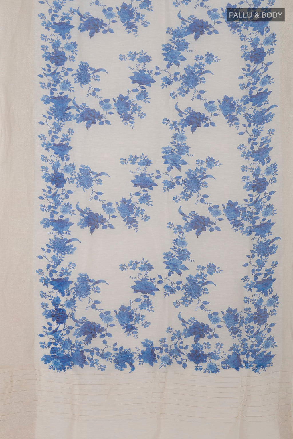Flat view of Cream Linen Saree with Floral Print on the body and Thin Zari Line. 