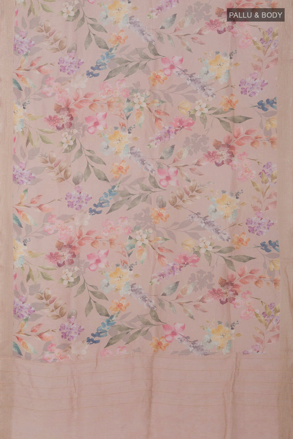 Flat view of Beige Linen Saree with Floral Print on the body and Thin Zari Line. 