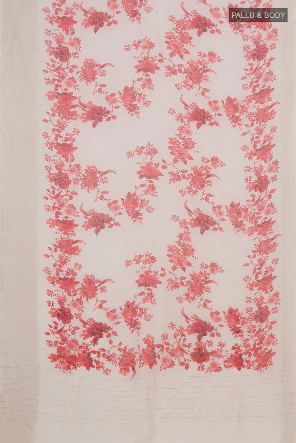 Flat view of Cream Linen Saree with Floral Print on the body and Thin Zari Line. 