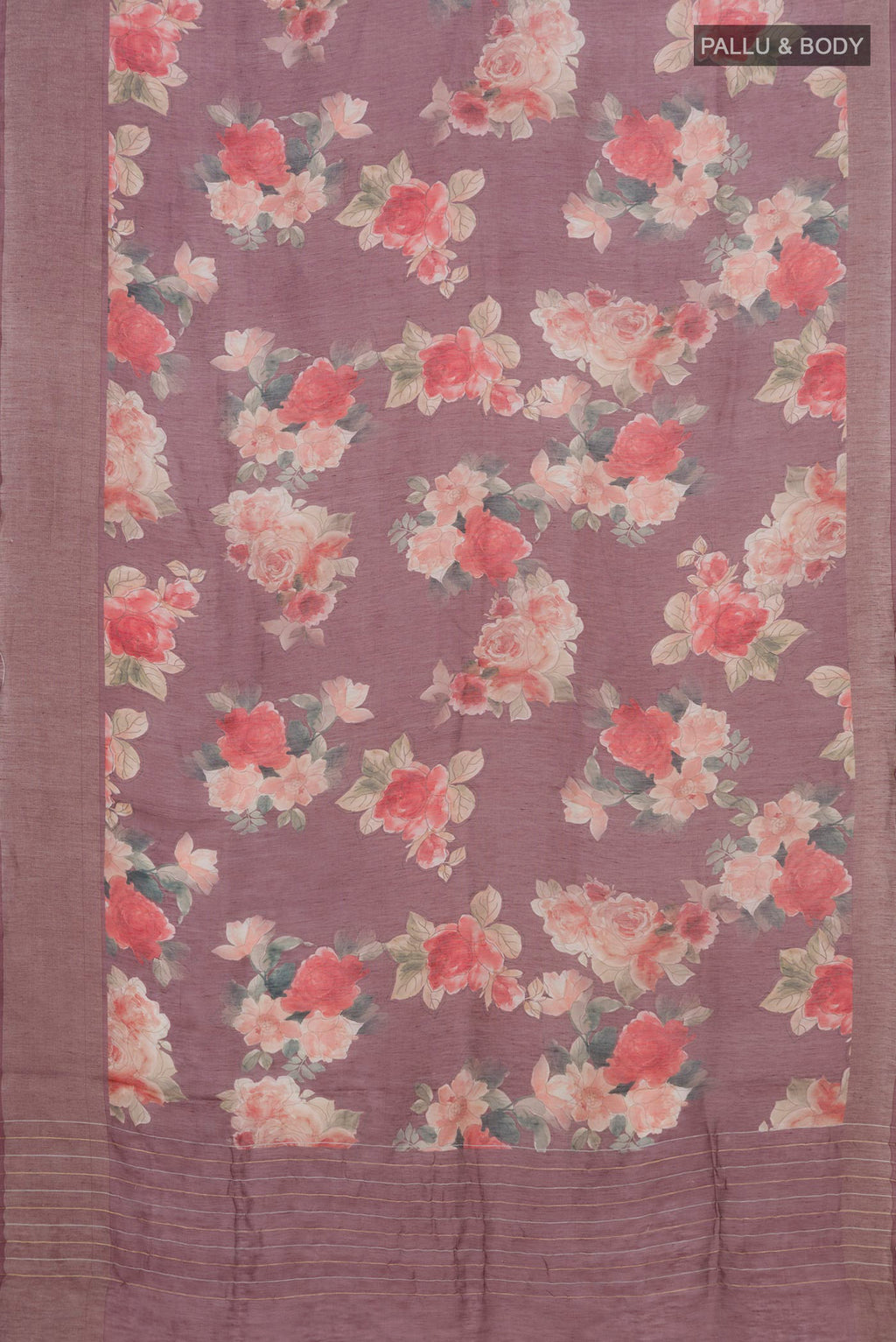 Flat view of Mauve Linen Saree with Floral Print on the body and Thin Zari Line. 