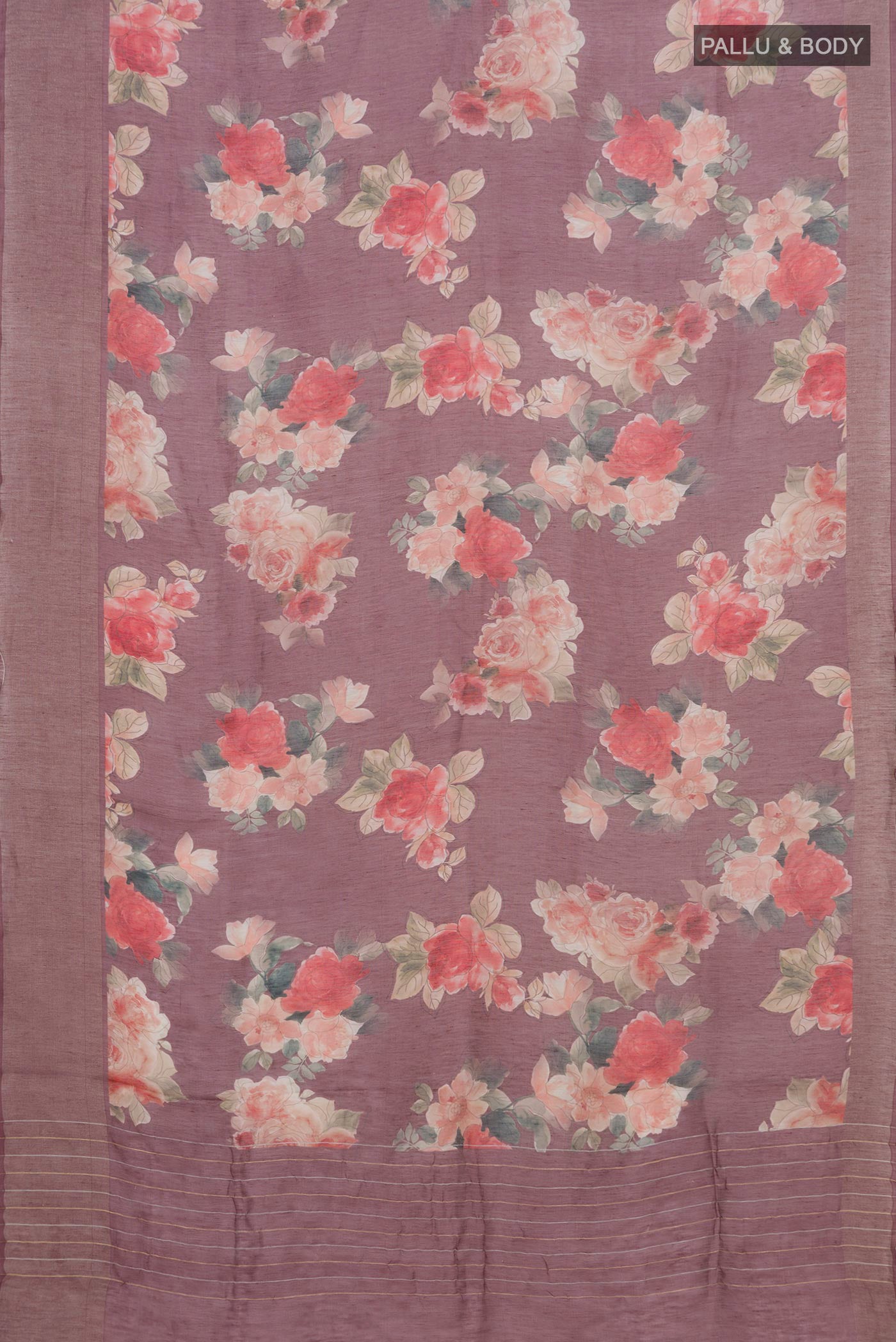 Flat view of Mauve Linen Saree with Floral Print on the body and Thin Zari Line. 