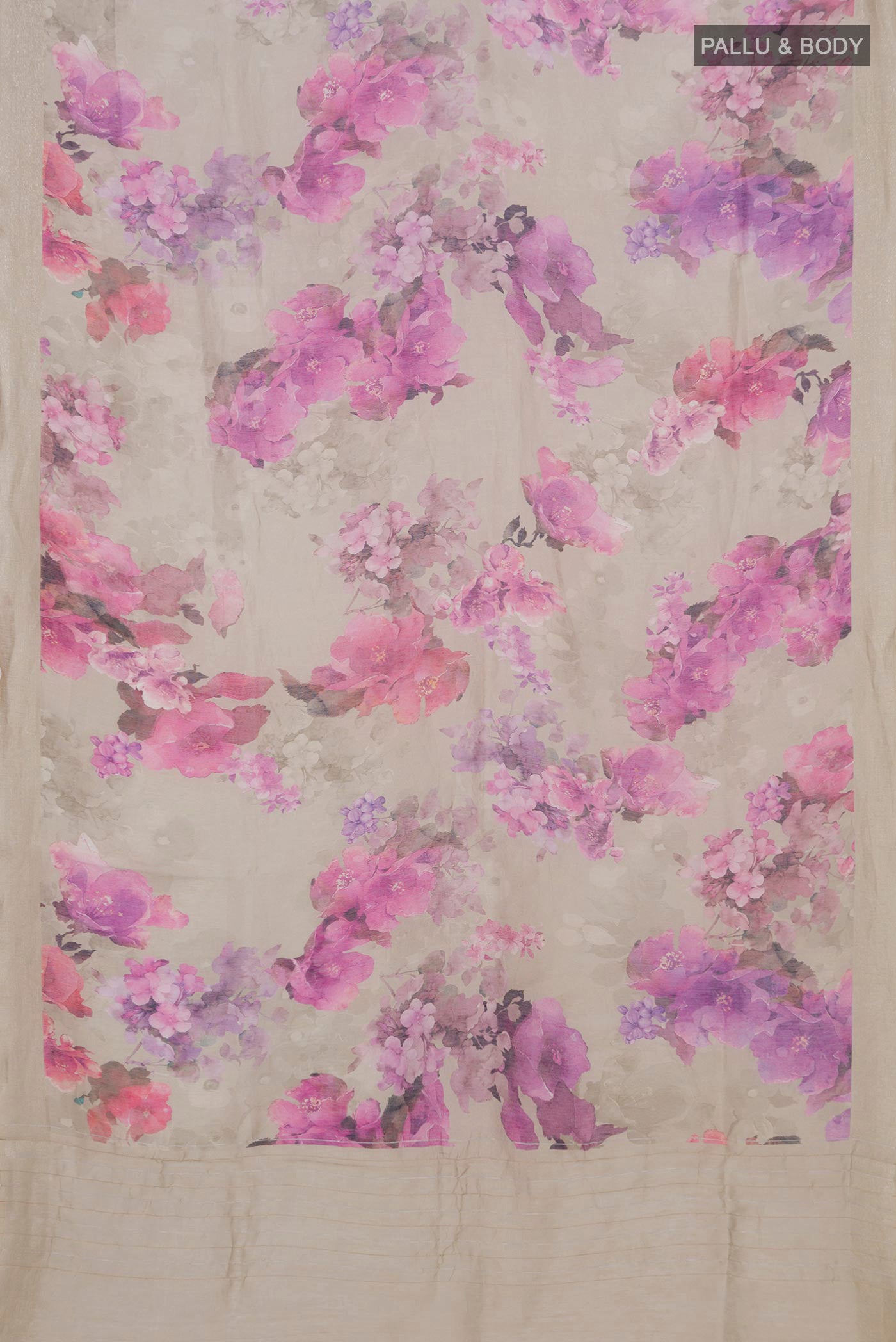 Flat view of Beige Linen Saree with Floral Print on the body and Thin Zari Line. 