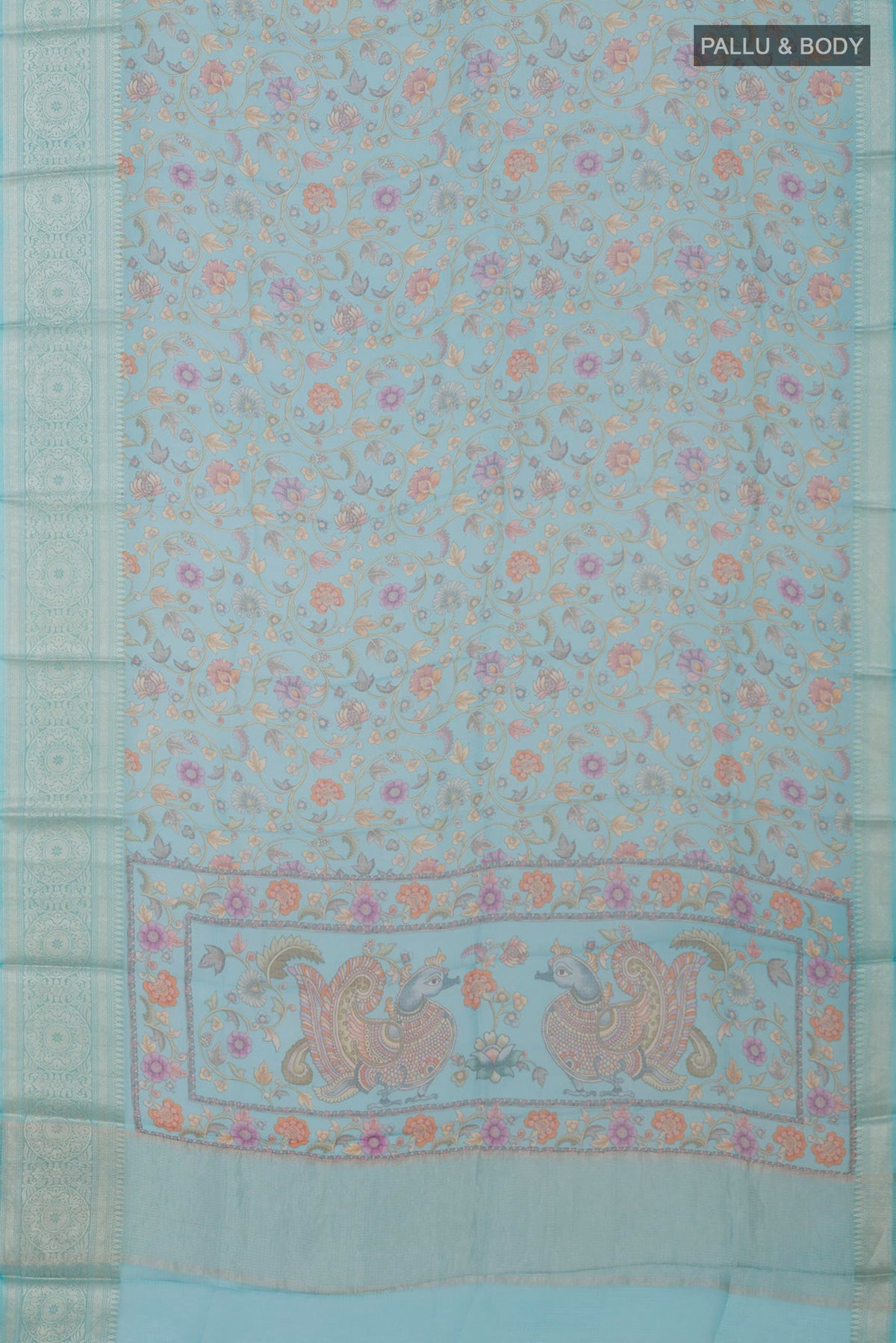 Flat view of Sky Blue Kota Silk Saree with Printed design on the body and Zari Border. 