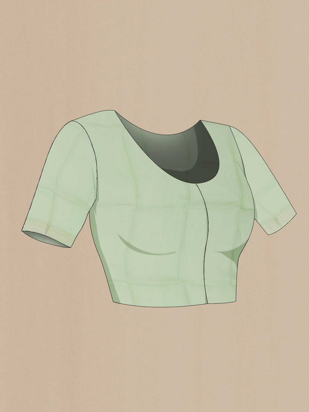 Close up image of the blouse of Light Green Kota Silk Saree with Printed design on the body and Zari Border. 