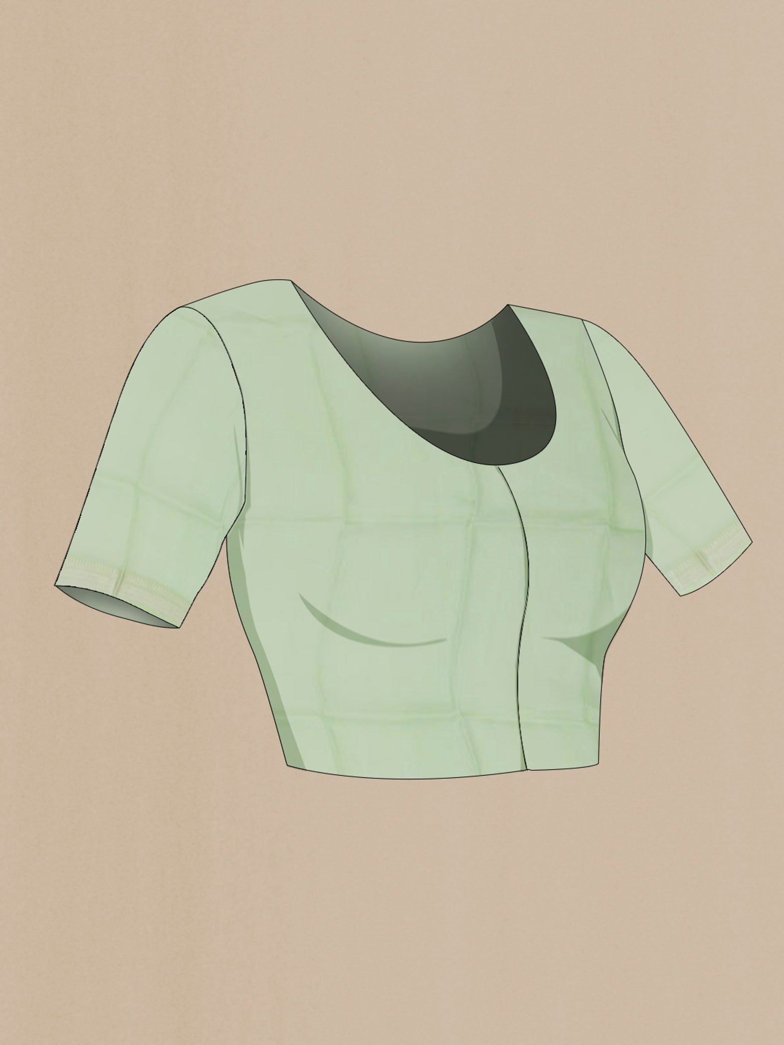 Close up image of the blouse of Light Green Kota Silk Saree with Printed design on the body and Zari Border. 