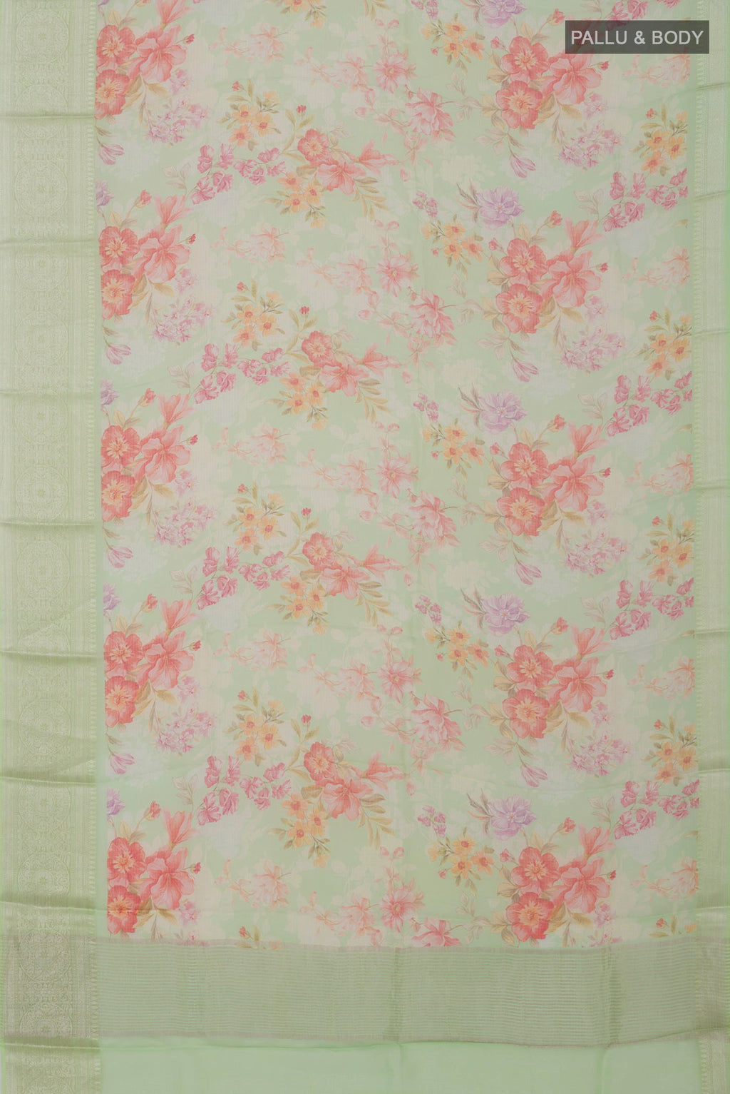 Flat view of Light Green Kota Silk Saree with Printed design on the body and Zari Border. 