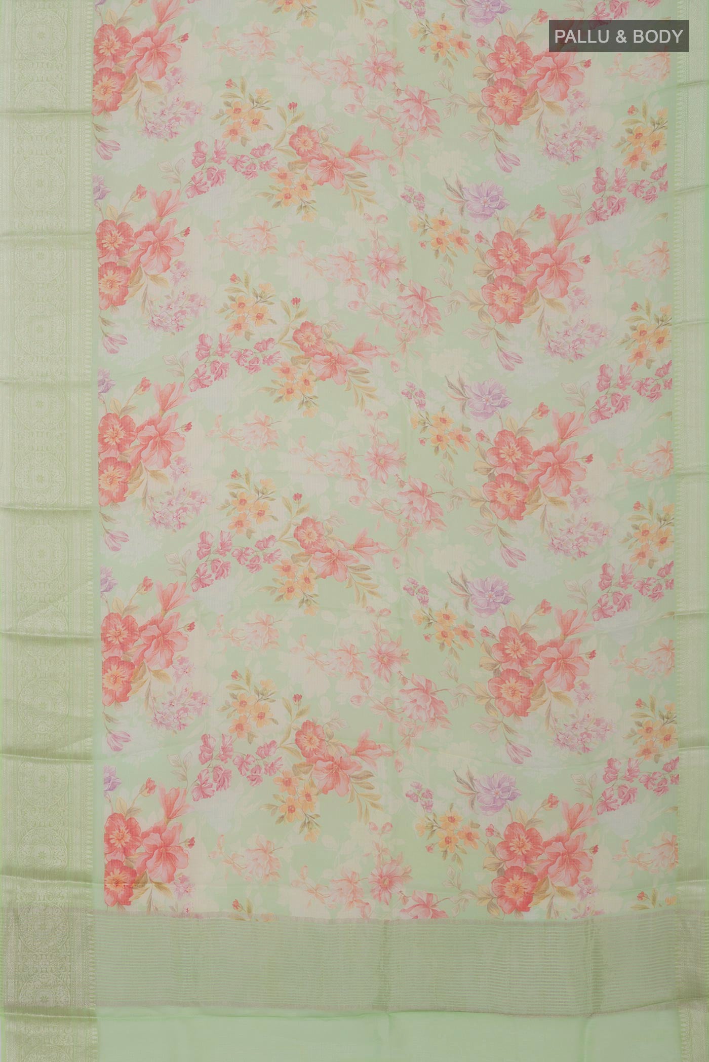 Flat view of Light Green Kota Silk Saree with Printed design on the body and Zari Border. 