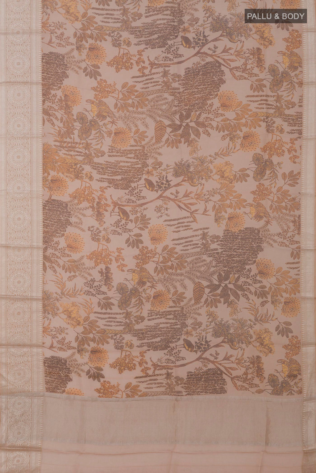 Flat view of Beige Kota Silk Saree with Printed design on the body and Zari Border. 
