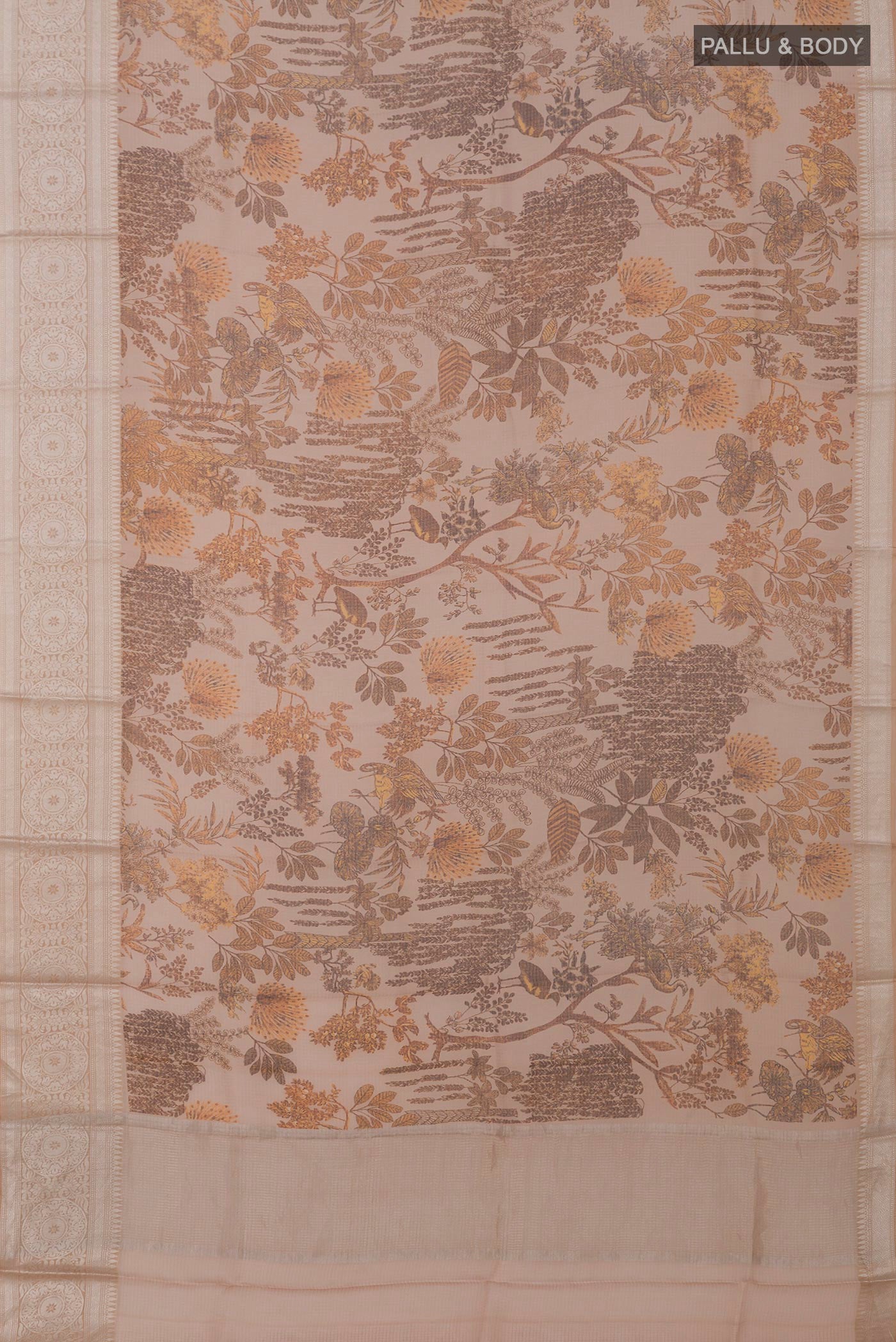 Flat view of Beige Kota Silk Saree with Printed design on the body and Zari Border. 