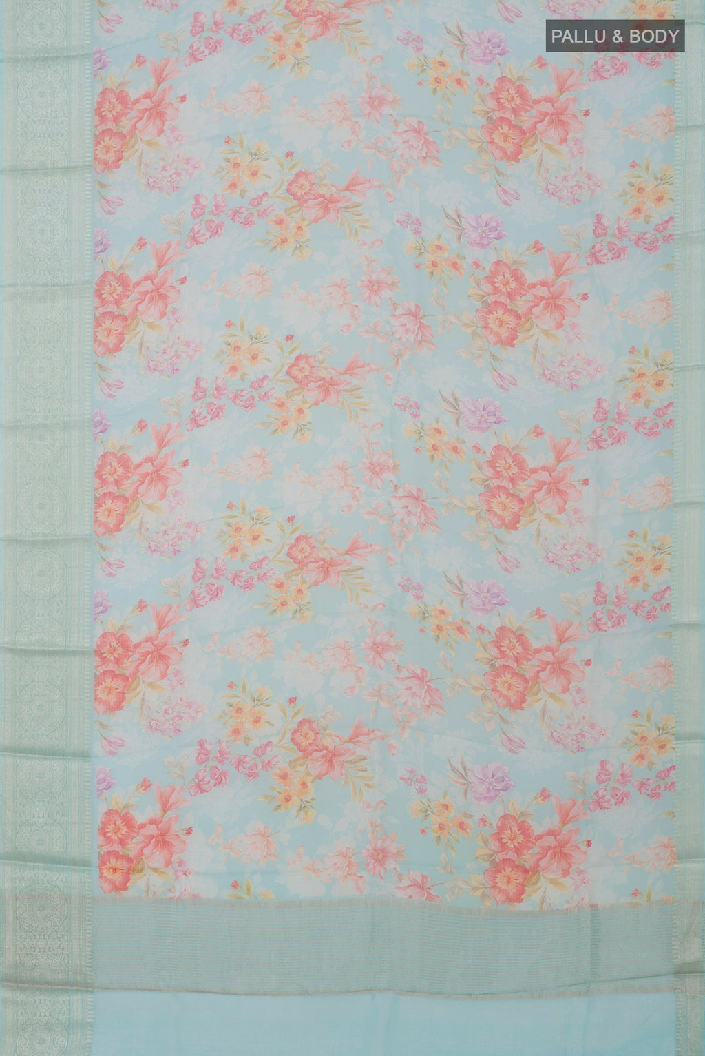 Flat view of Light Blue Kota Silk Saree with Floral Print on the body and Zari Border. 