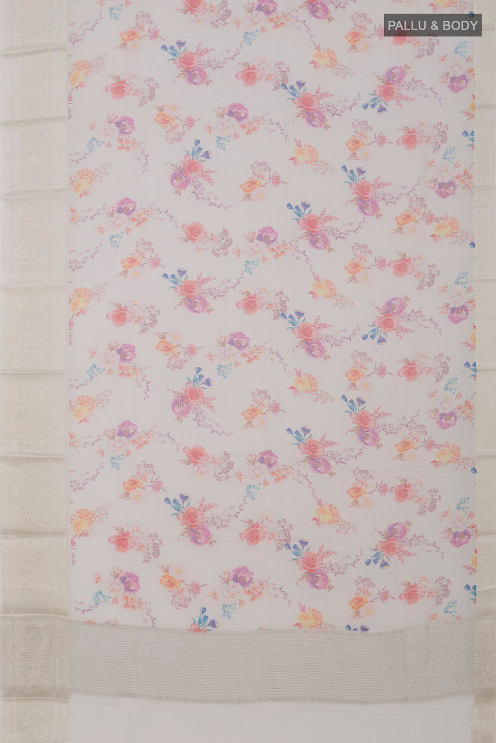 Flat view of Cream Kota Silk Saree with Floral Print on the body and Zari Border. 