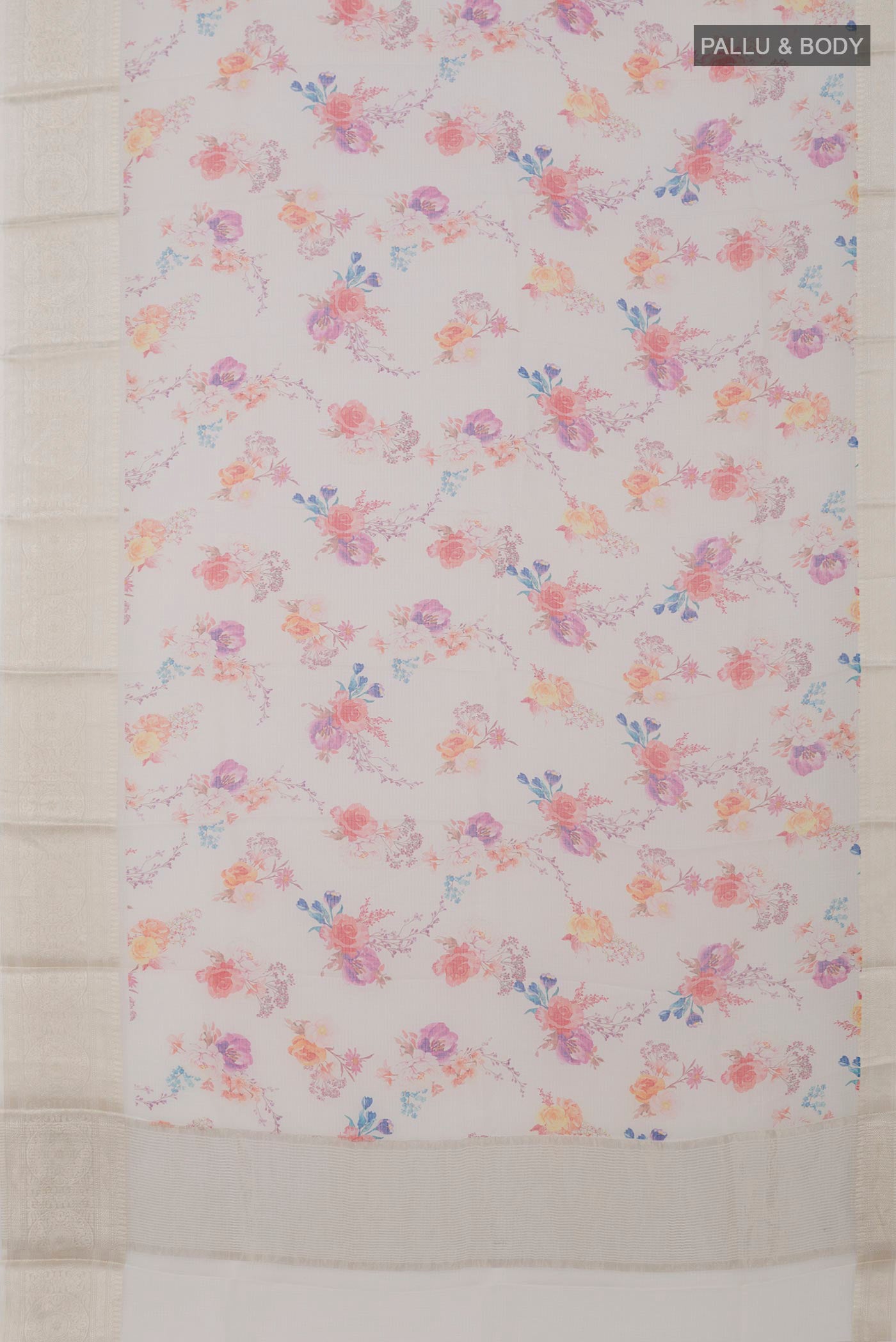 Flat view of Cream Kota Silk Saree with Floral Print on the body and Zari Border. 