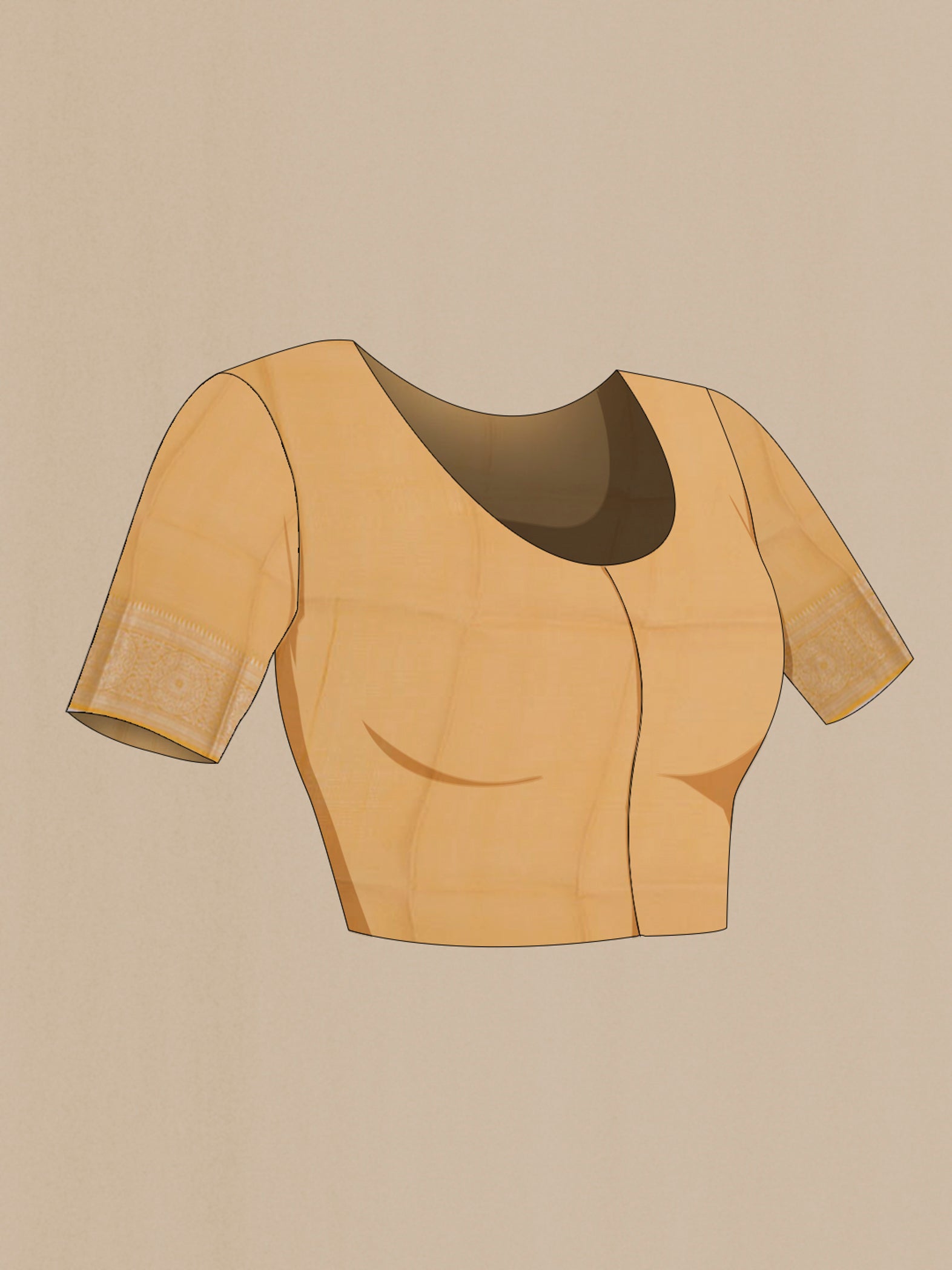 Close up image of the blouse of Mustard Kota Silk Saree with Printed design on the body and Zari Border. 