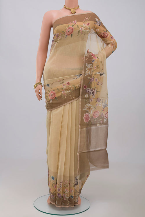 Beige Tussar Saree with Plain Body and Fancy Border.  displayed on a mannequin
