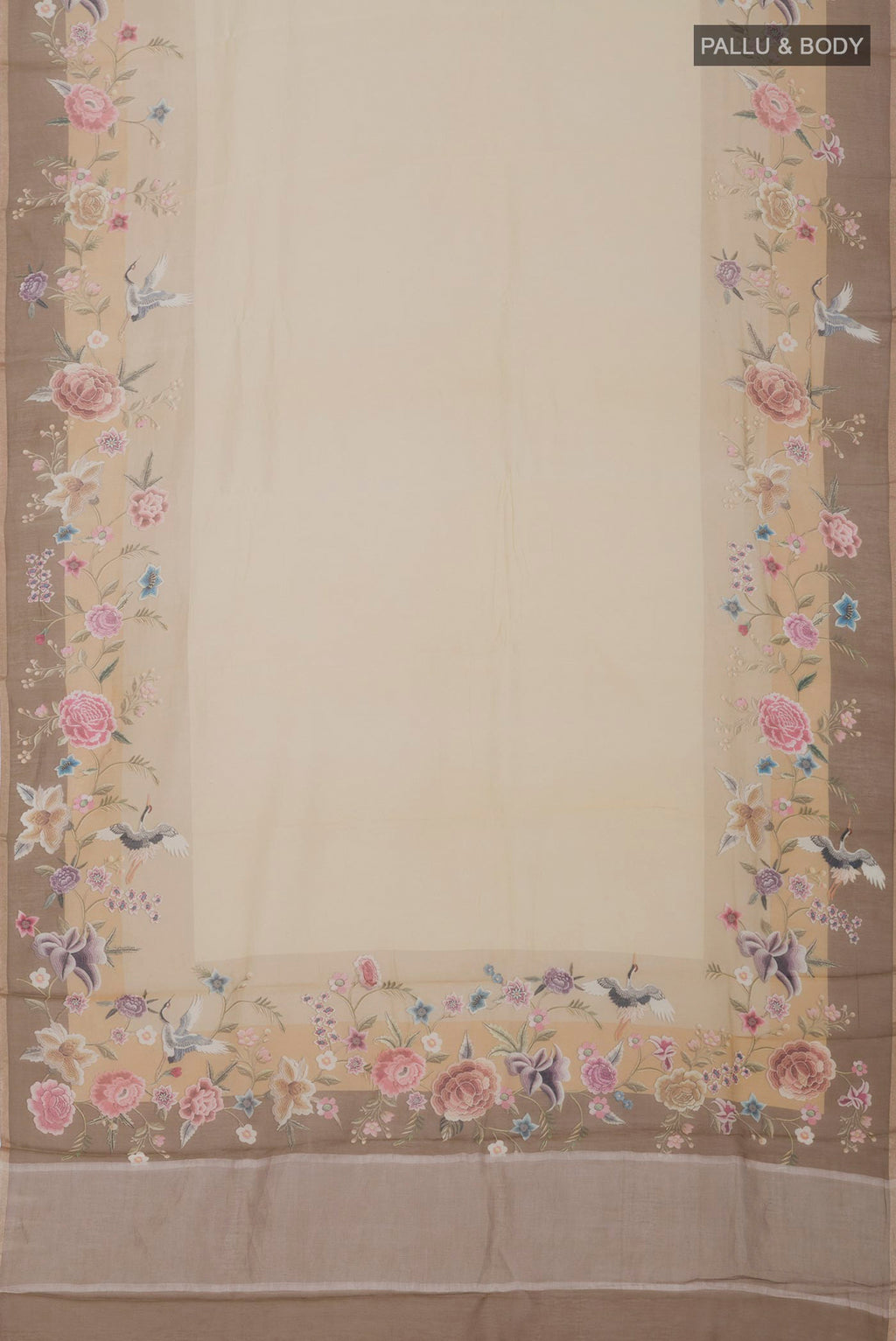 Flat view of Beige Tussar Saree with Plain Body and Fancy Border. 