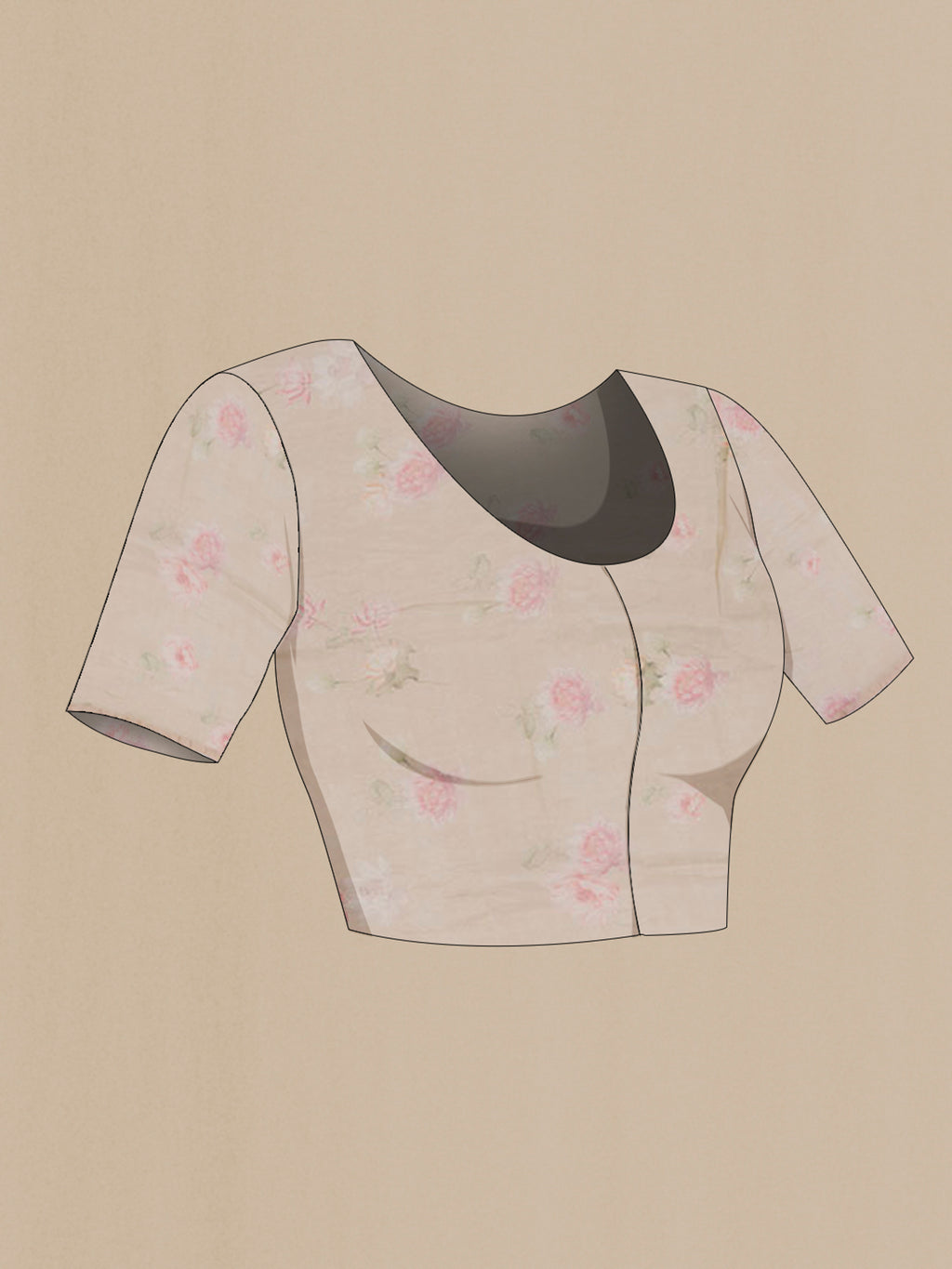 Close up image of the blouse of Cream Tussar Saree with Printed design on the body and Thin Zari Line. 
