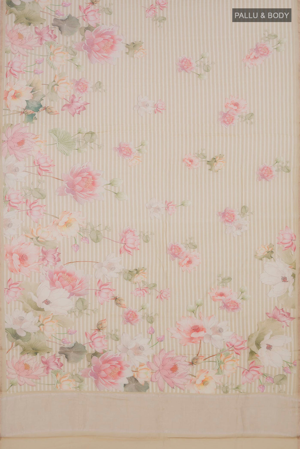 Flat view of Cream Tussar Saree with Printed design on the body and Thin Zari Line. 