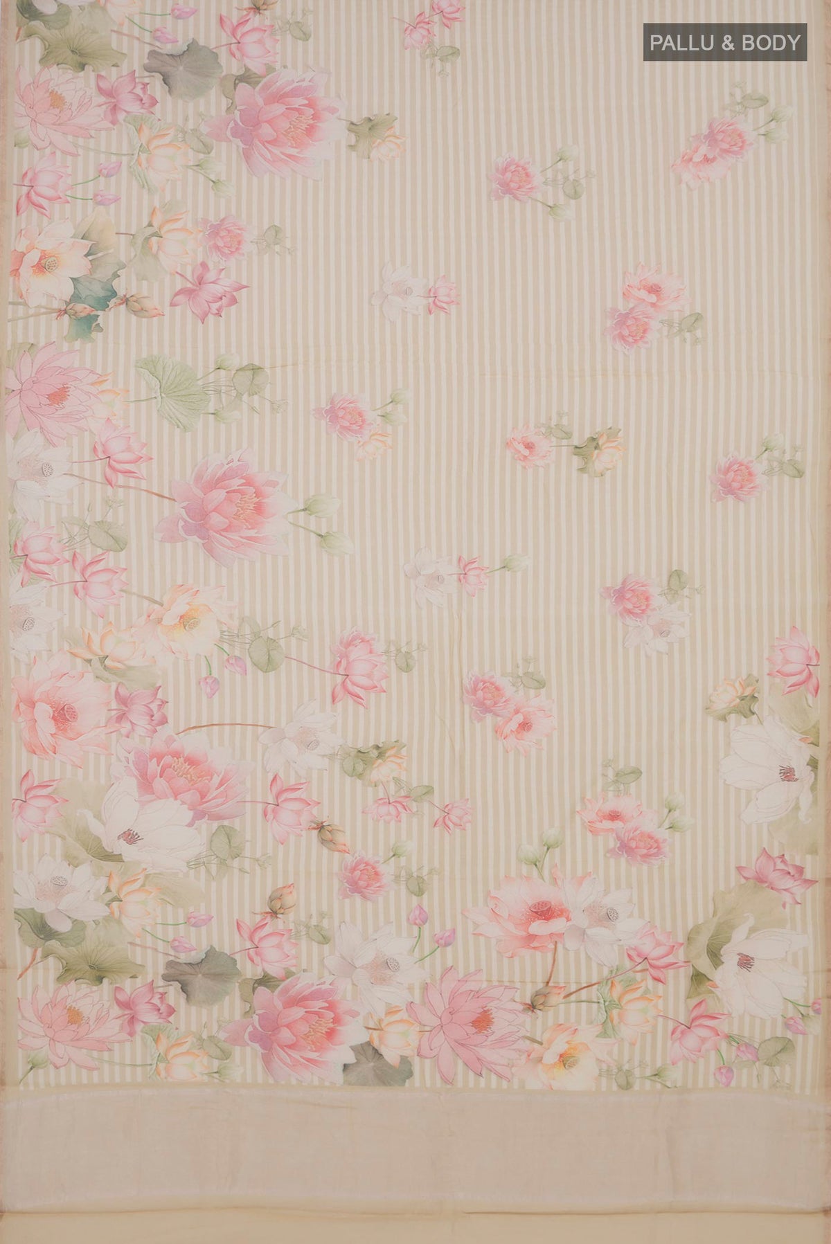 Flat view of Cream Tussar Saree with Printed design on the body and Thin Zari Line. 