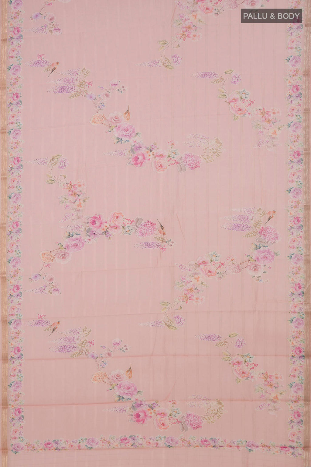 Flat view of Peach Tussar Saree with Floral Print on the body and Thin Zari Line. 