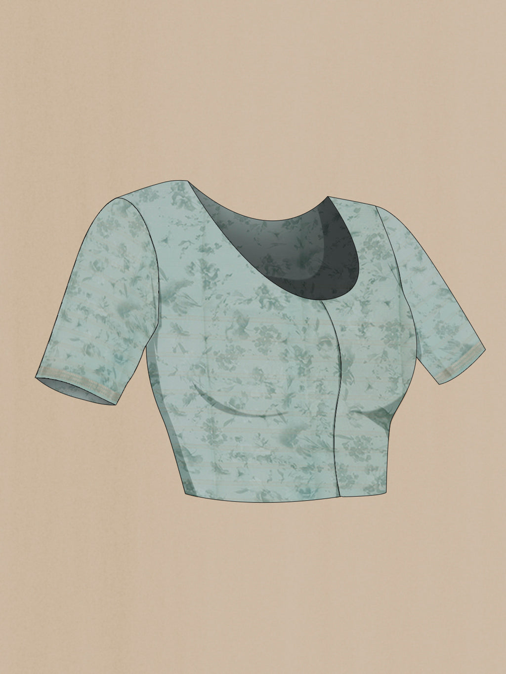Close up image of the blouse of Mint Green Tussar Saree with Floral Print on the body and Thin Zari Line. 