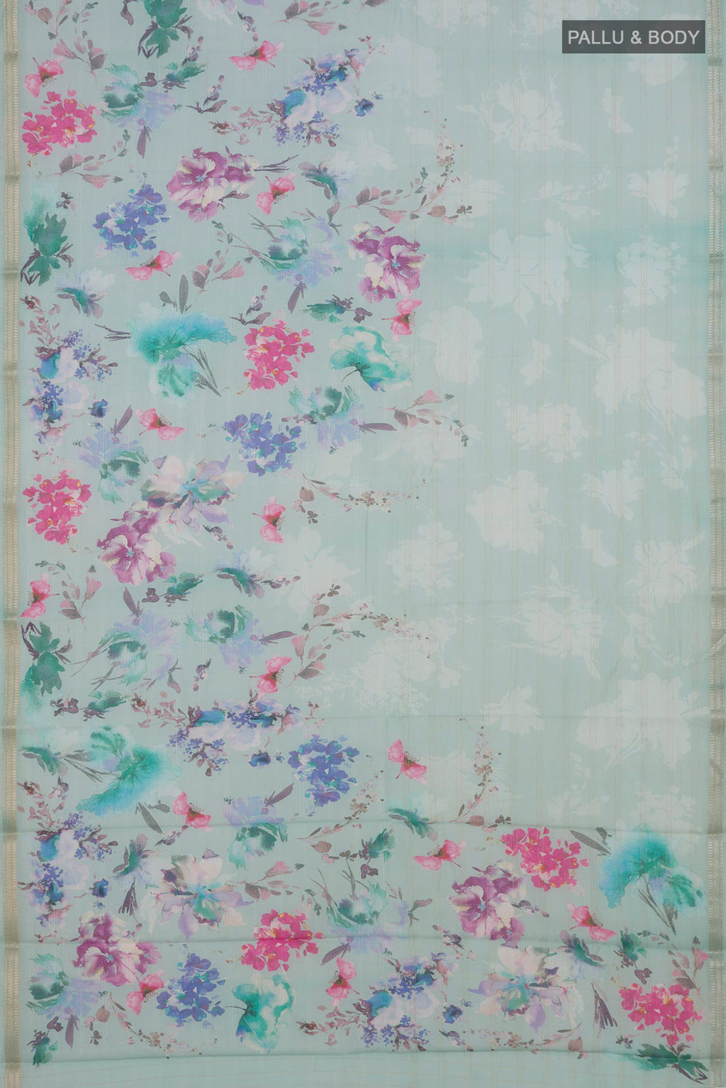 Flat view of Mint Green Tussar Saree with Floral Print on the body and Thin Zari Line. 