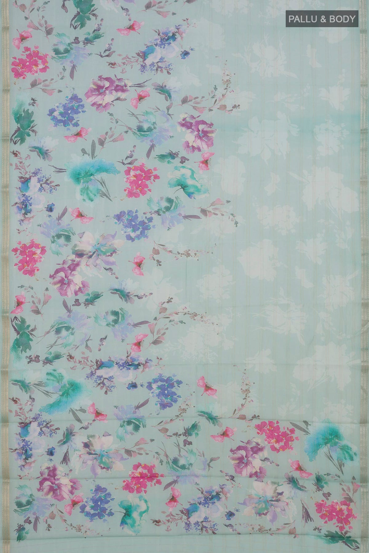 Flat view of Mint Green Tussar Saree with Floral Print on the body and Thin Zari Line. 
