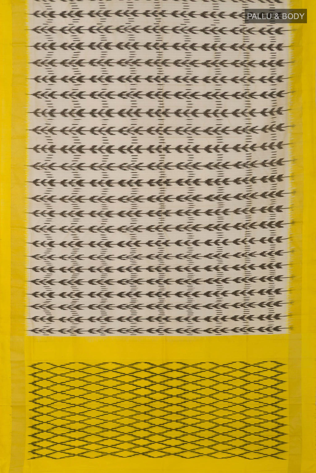 Flat view of Cream Pochampally Saree with Ikat design on the body and Thin Zari Line. 