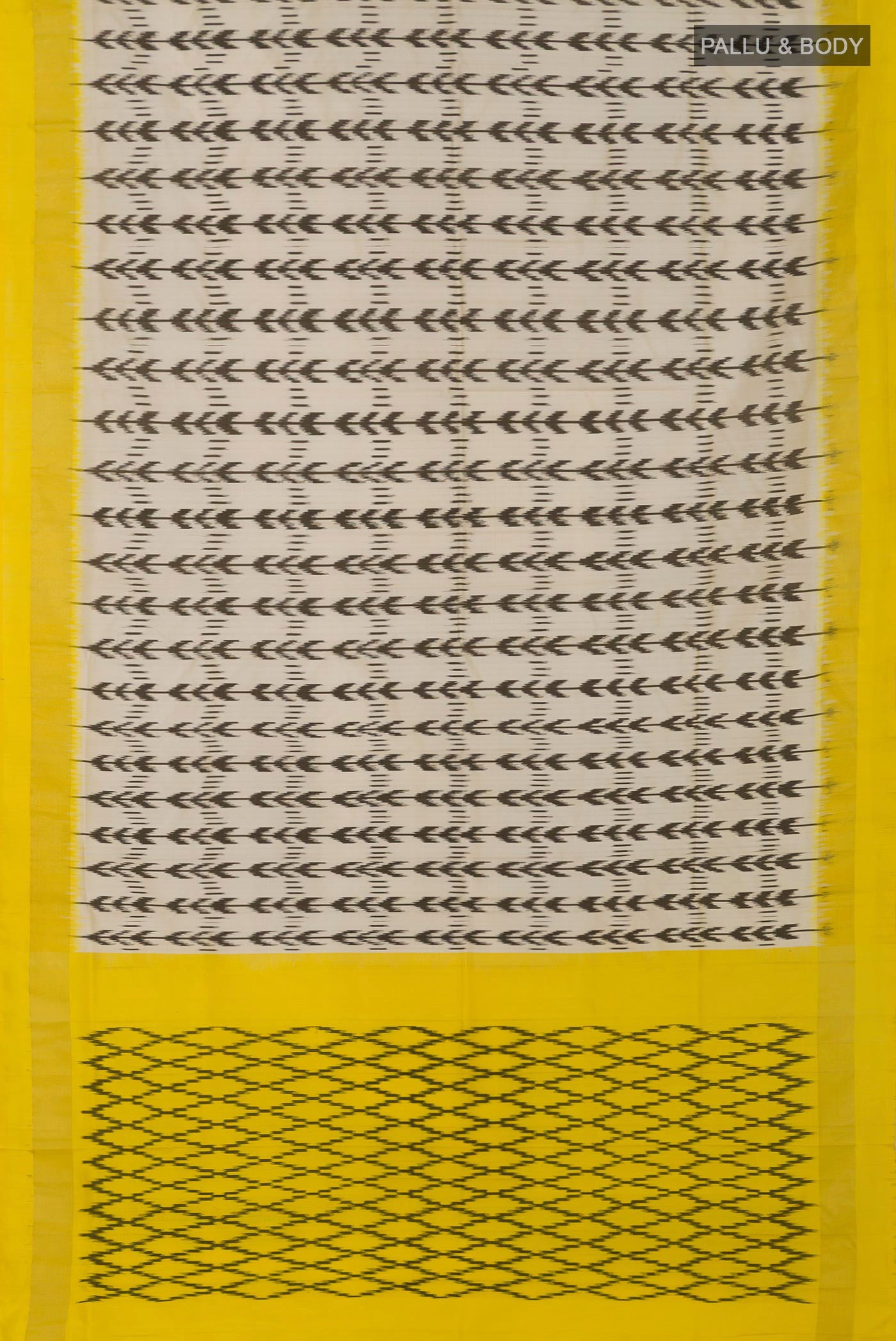 Flat view of Cream Pochampally Saree with Ikat design on the body and Thin Zari Line. 