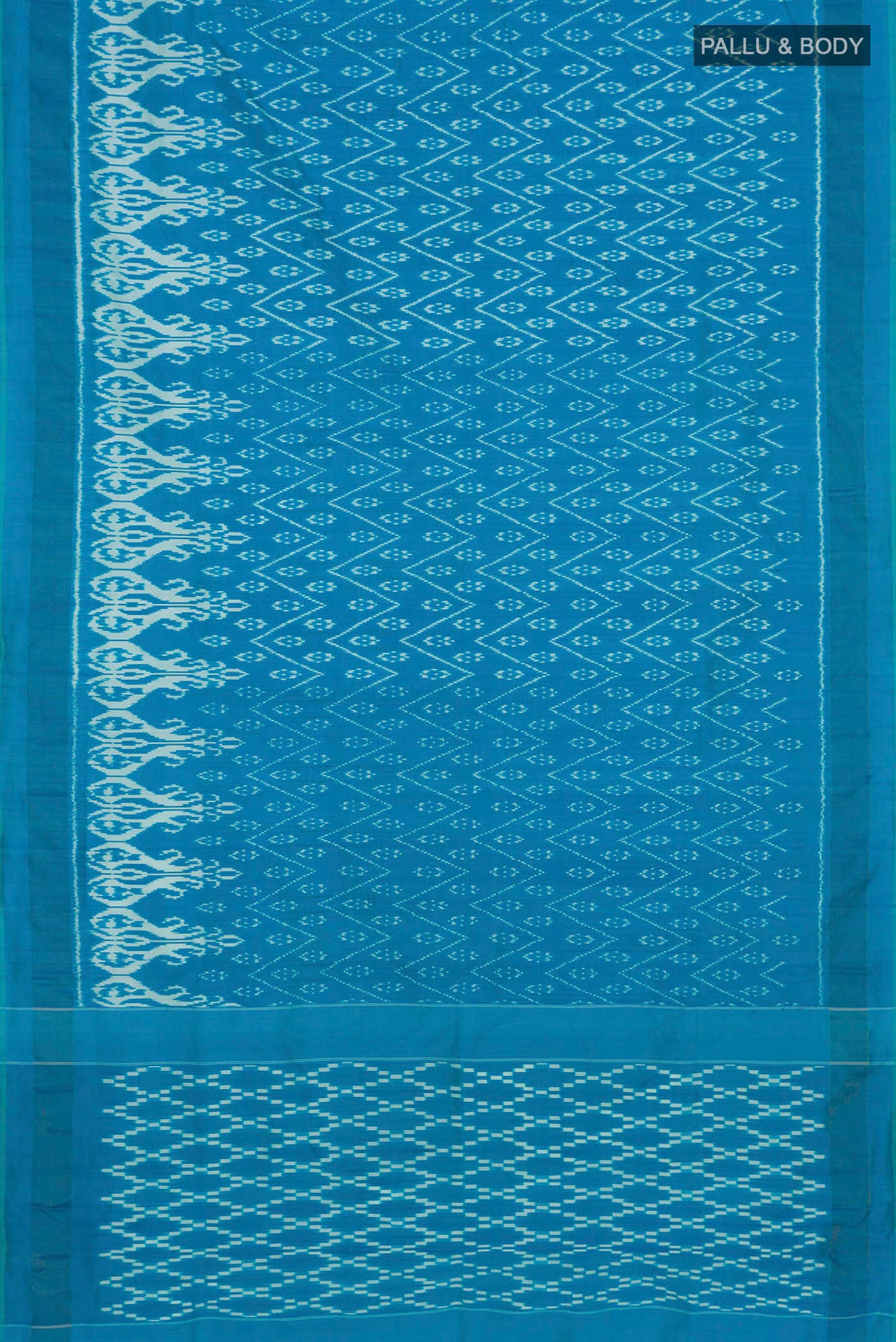 Flat view of Light Blue Pochampally Silk Saree with Ikat Print on the body and Zari Border. 