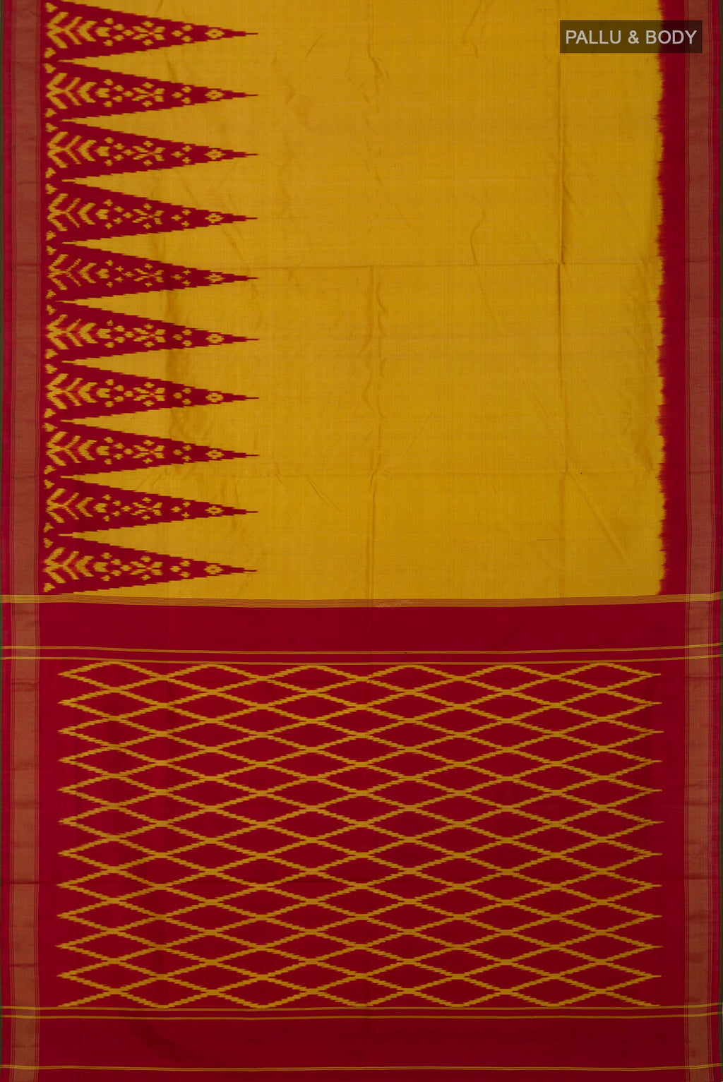 Flat view of Yellow Pochampally Silk Saree with Plain Body and Ikat Border. 