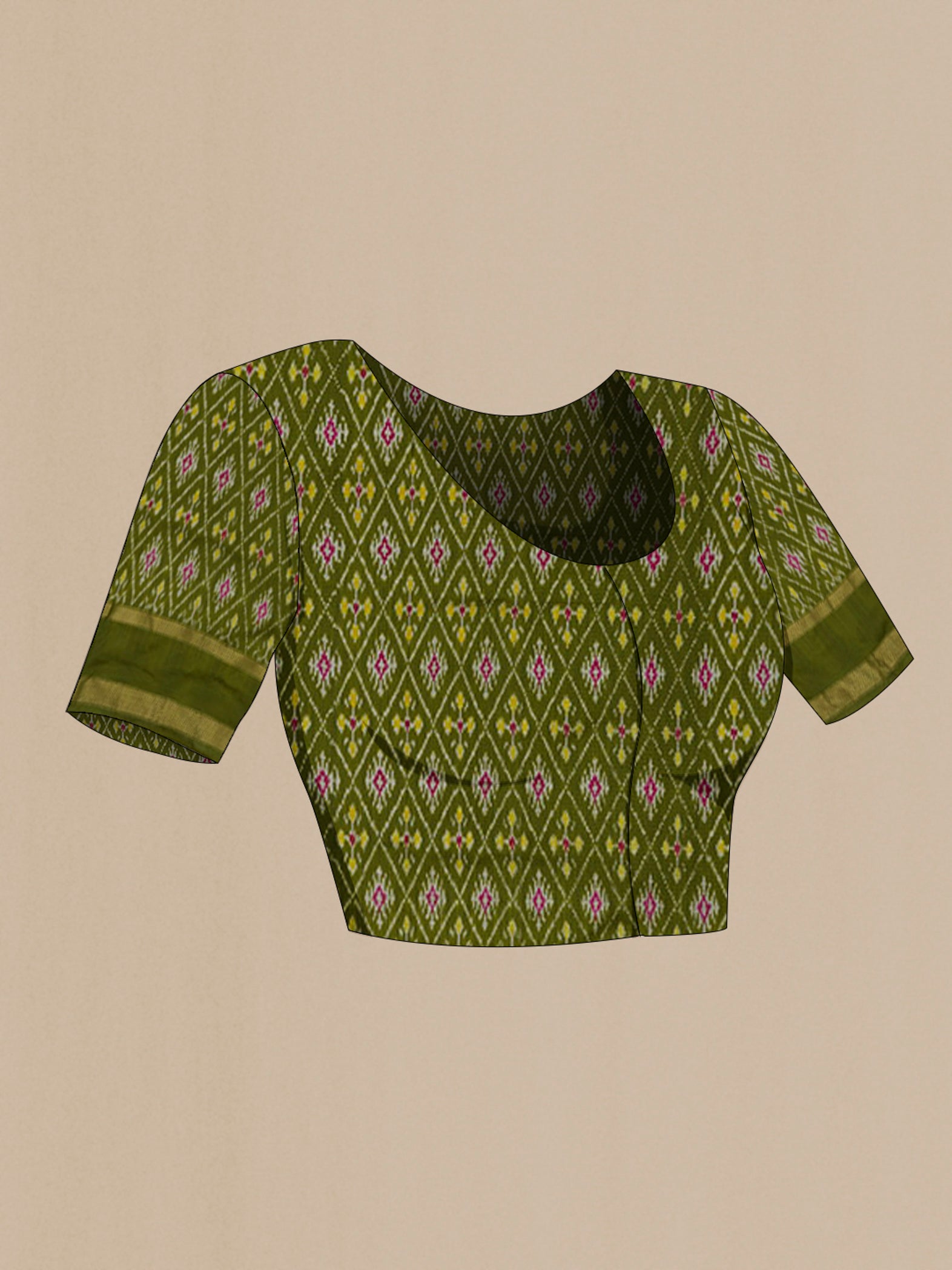 Close up image of the blouse of Multi Color Pochampally Silk Saree with Checked design on the body and Thin Zari Line. 