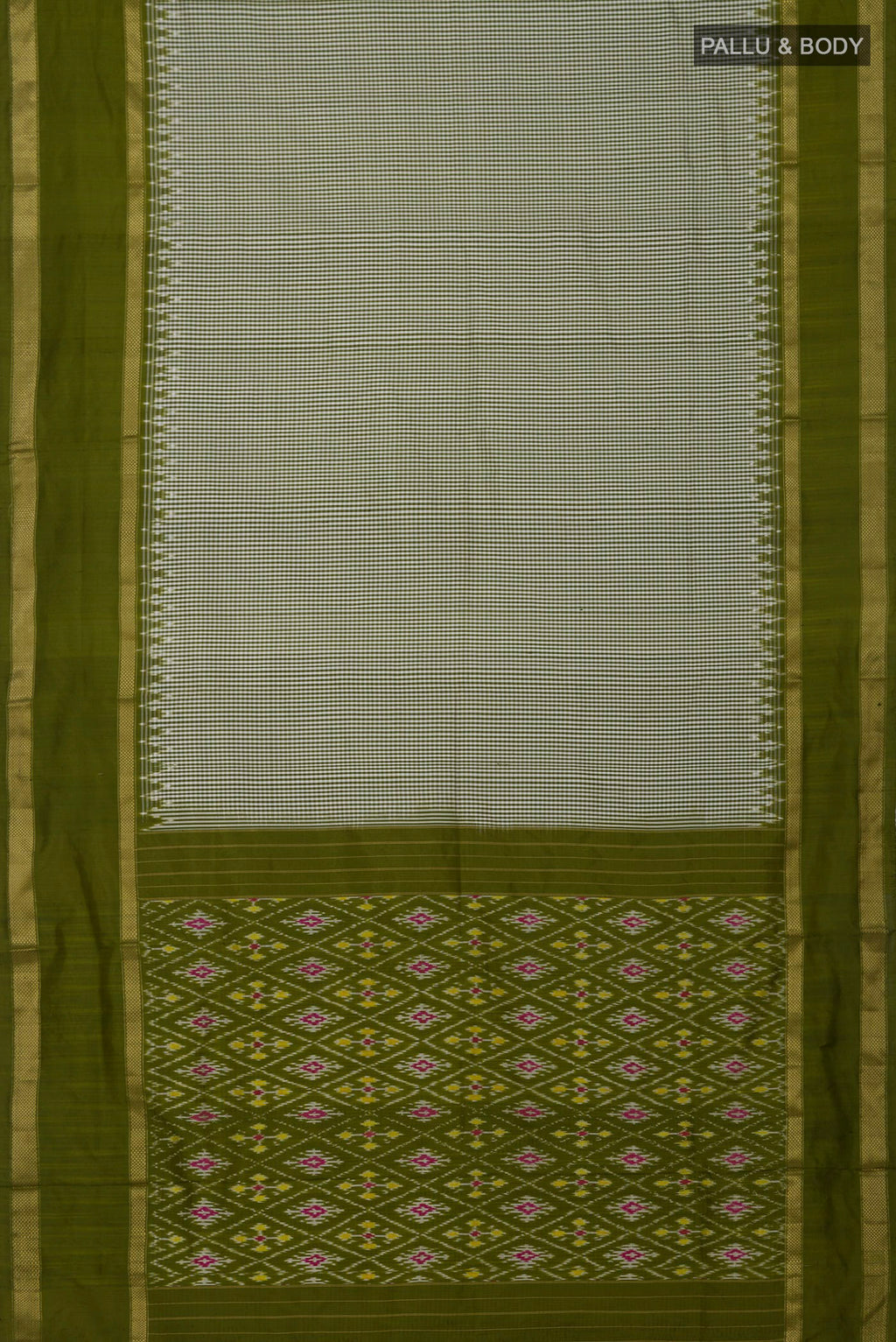 Flat view of Multi Color Pochampally Silk Saree with Checked design on the body and Thin Zari Line. 