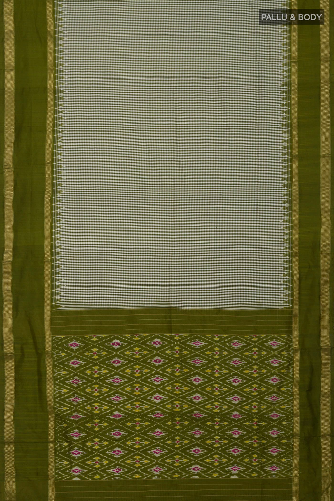 Flat view of Multi Color Pochampally Silk Saree with Checked design on the body and Thin Zari Line. 