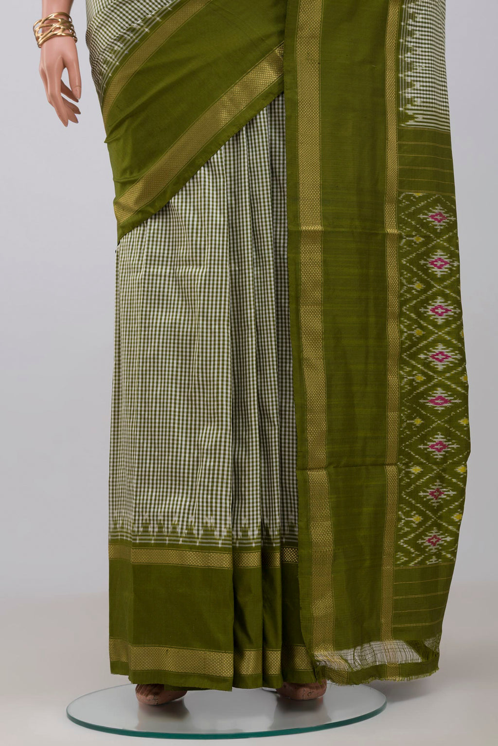 Pleats and pallu of Multi Color Pochampally Silk Saree with Checked design on the body and Thin Zari Line. 