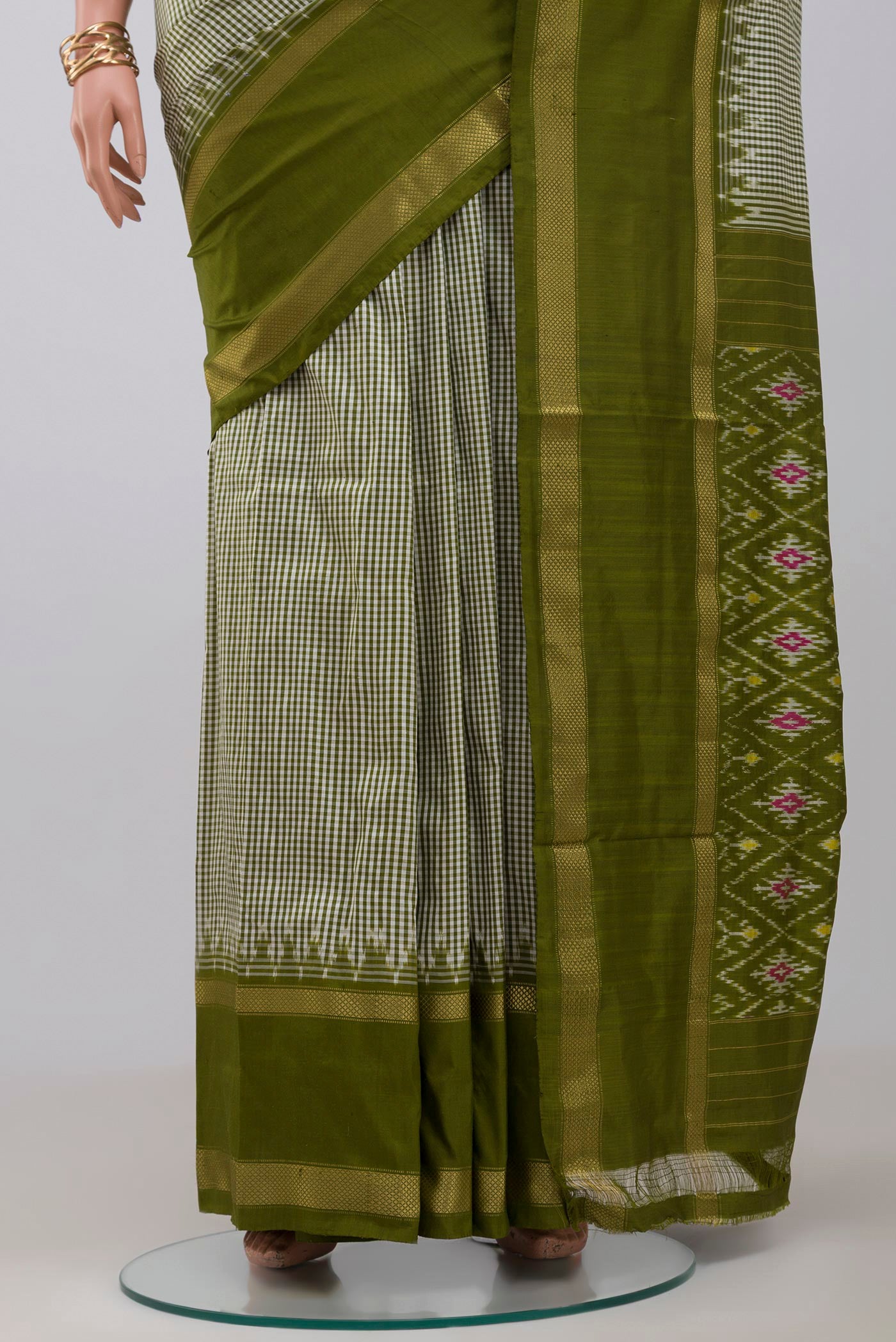Pleats and pallu of Multi Color Pochampally Silk Saree with Checked design on the body and Thin Zari Line. 