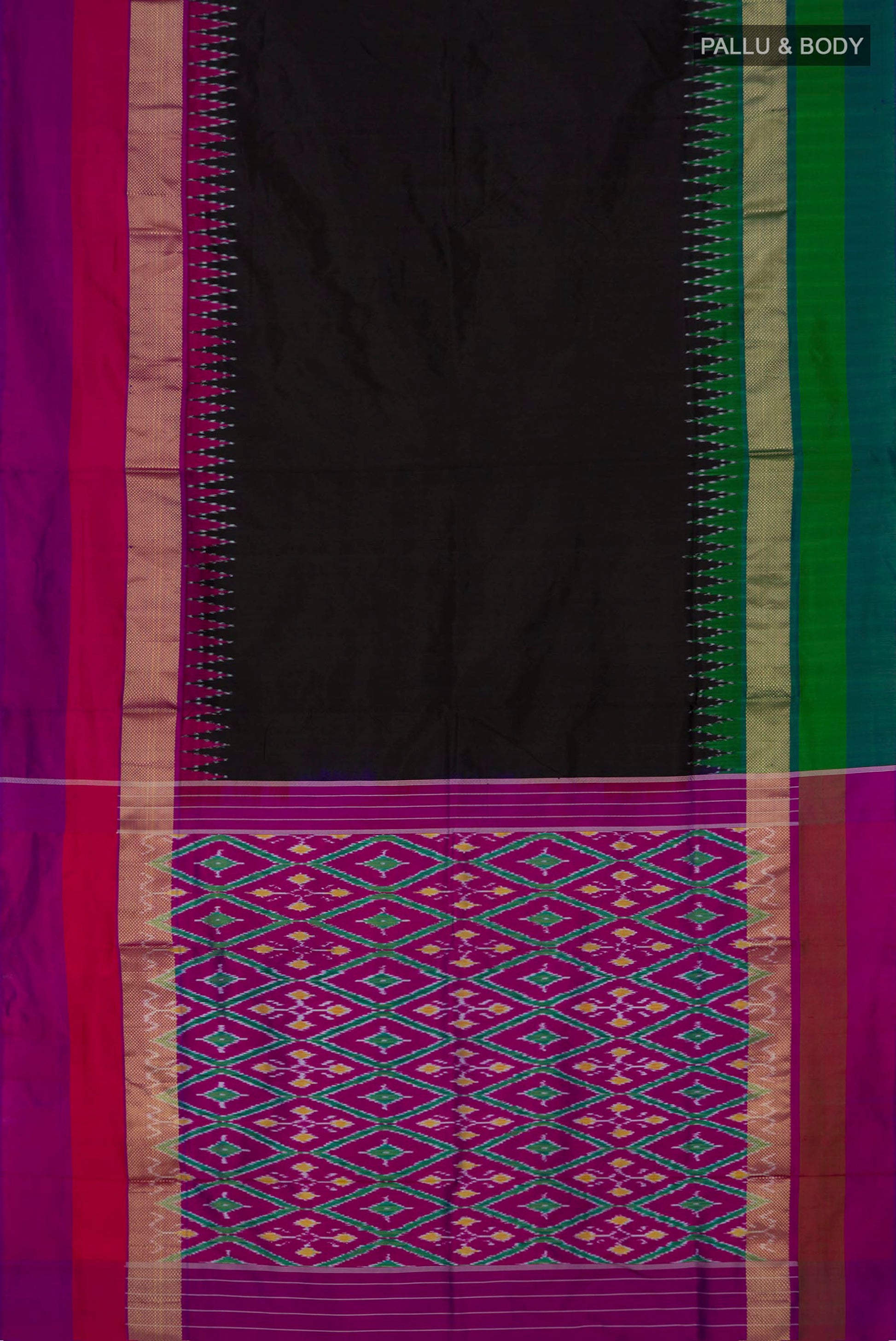 Flat view of Black Pochampally Silk Saree with Plain Body and Ganga Jamuna Border. 