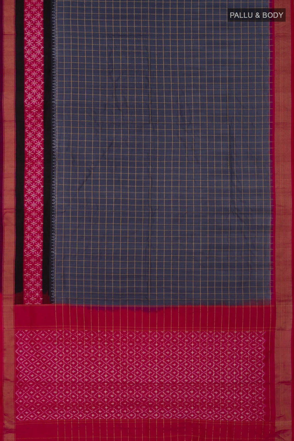 Flat view of Grey Pochampally Silk Saree with Checked design on the body and Zari Border. 