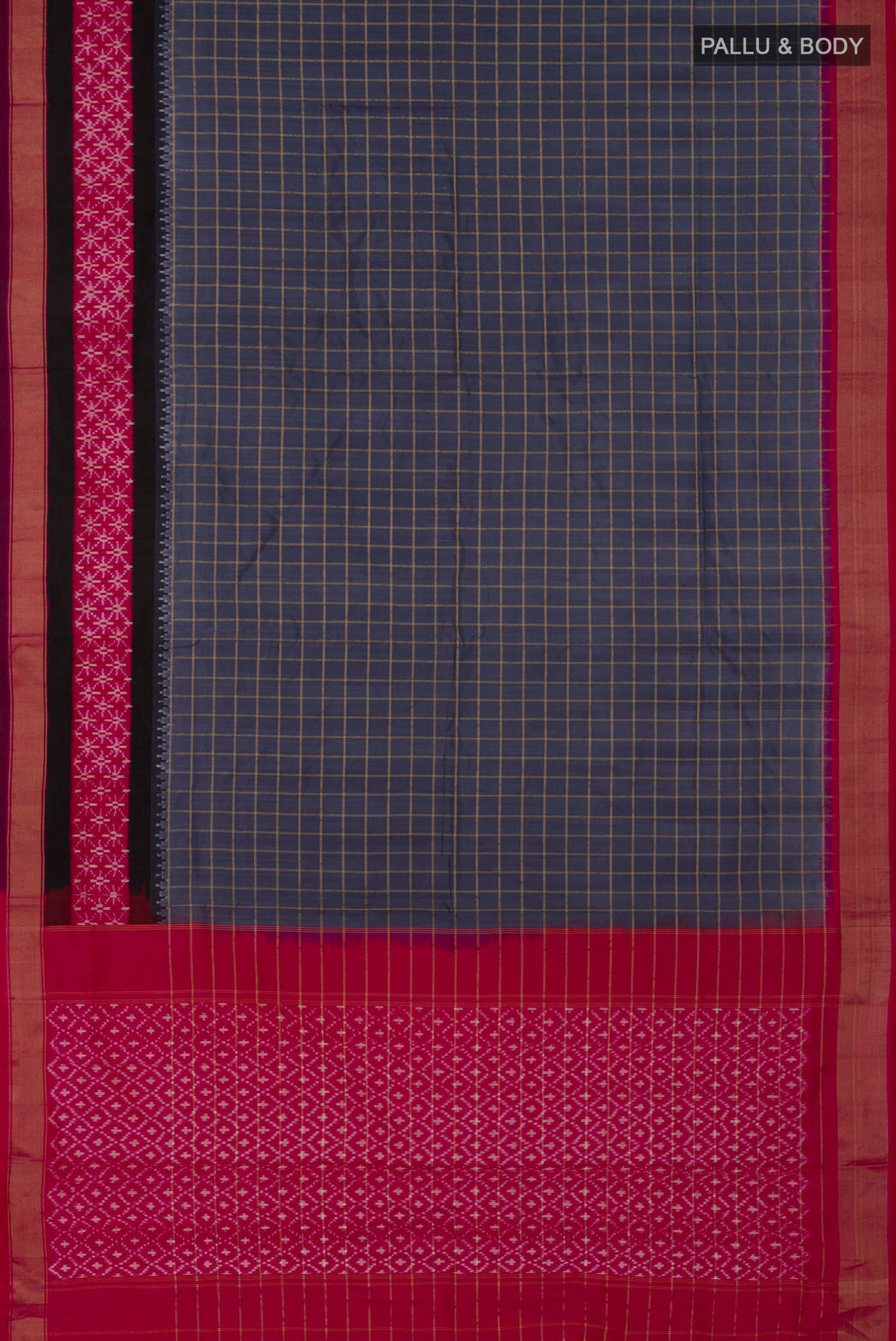 Flat view of Grey Pochampally Silk Saree with Checked design on the body and Zari Border. 