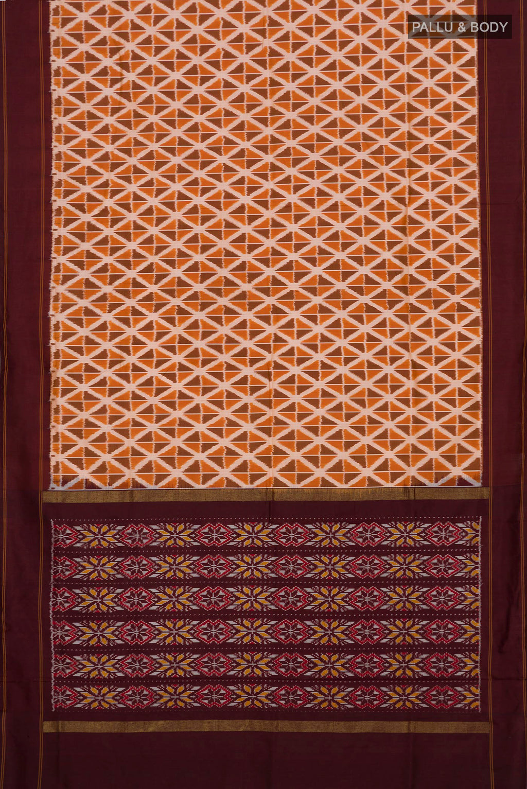 Flat view of Mustard Pochampally Saree with Ikat design on the body and Plain Border. 