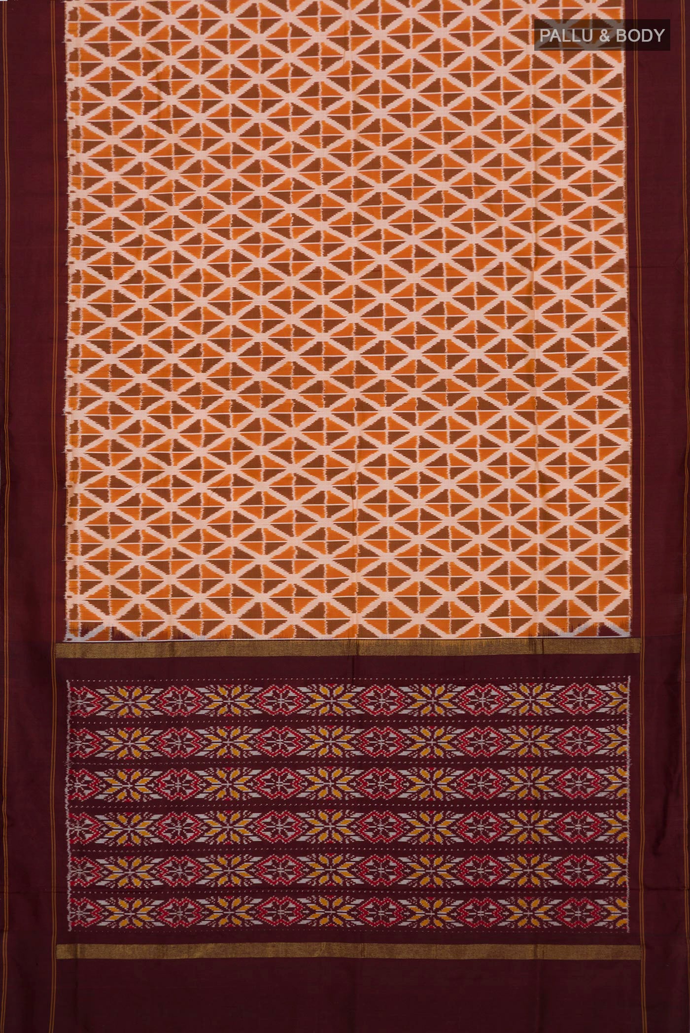 Flat view of Mustard Pochampally Saree with Ikat design on the body and Plain Border. 