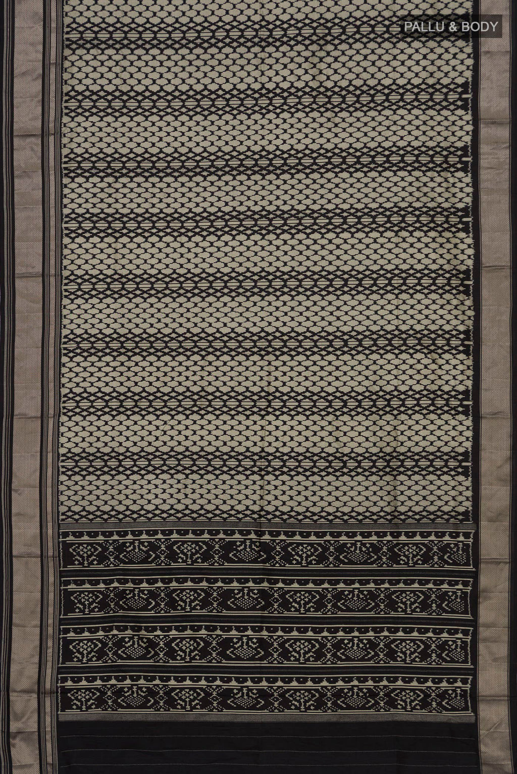 Flat view of Black Pochampally Saree with Ikat design on the body and Zari Border. 