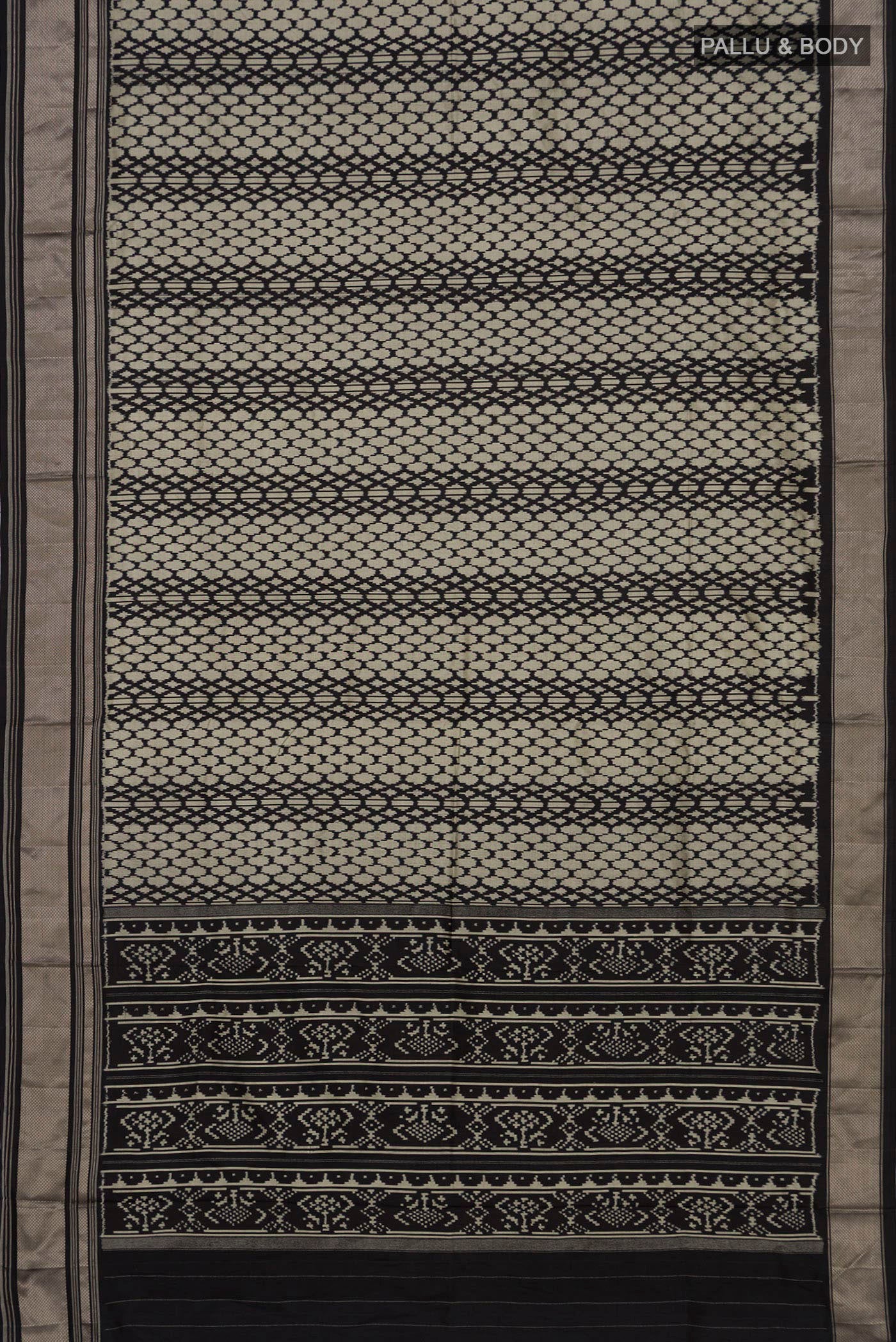 Flat view of Black Pochampally Saree with Ikat design on the body and Zari Border. 